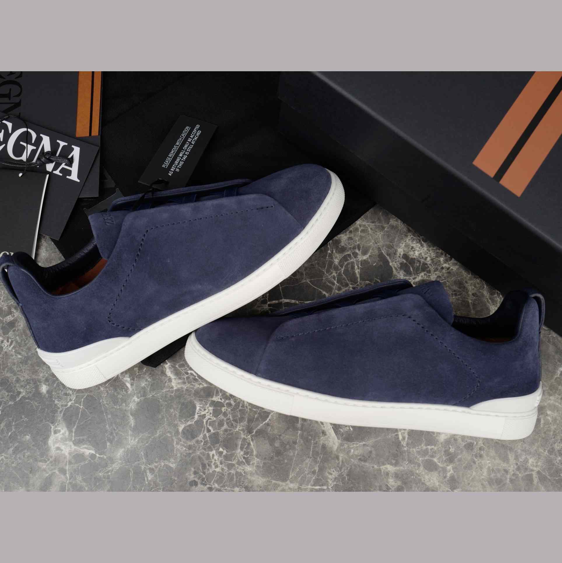 Zegna Utility Blue suede Triple Stitch™ Sneakers - DopestKickz
