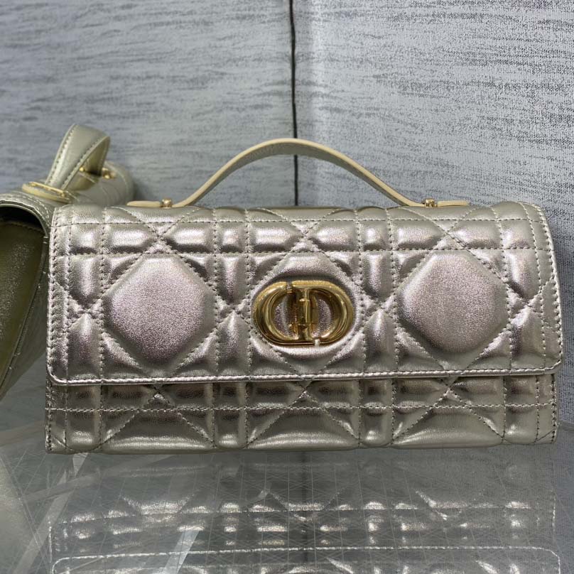 Dior Miss Caro Top Handle Pouch Metallic Pale Gold-Tone Macrocannage Calfskin  - DopestKickz