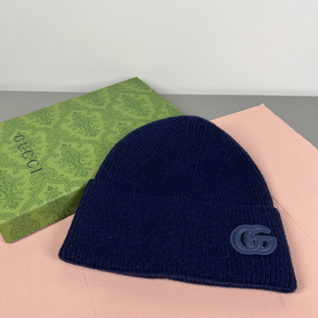Gucci Cashmere Hat With Patch In Dark Blue - DopestKickz