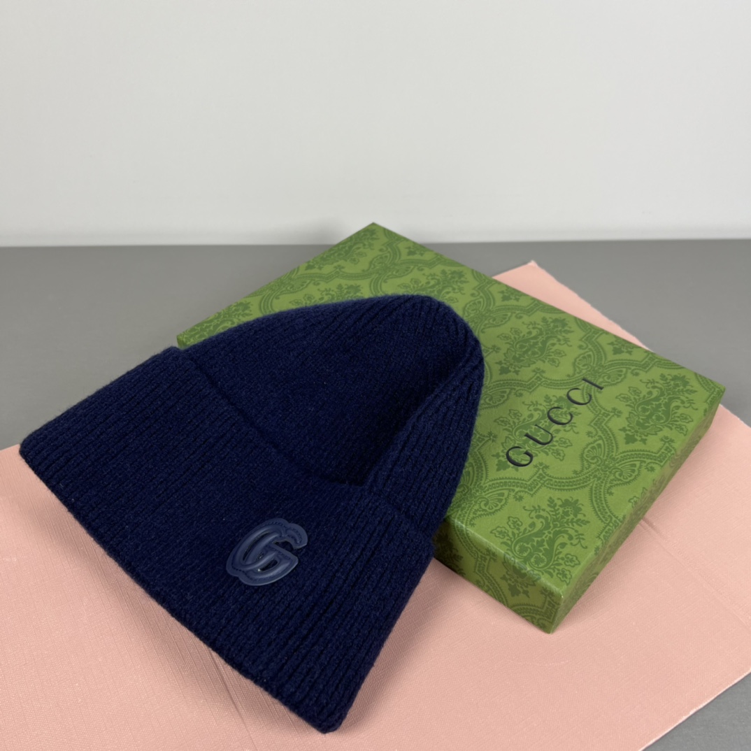Gucci Cashmere Hat With Patch In Dark Blue - DopestKickz