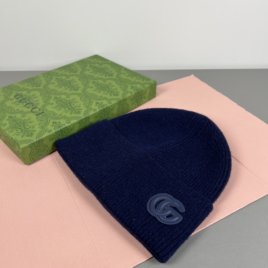 Gucci Cashmere Hat With Patch In Dark Blue - DopestKickz