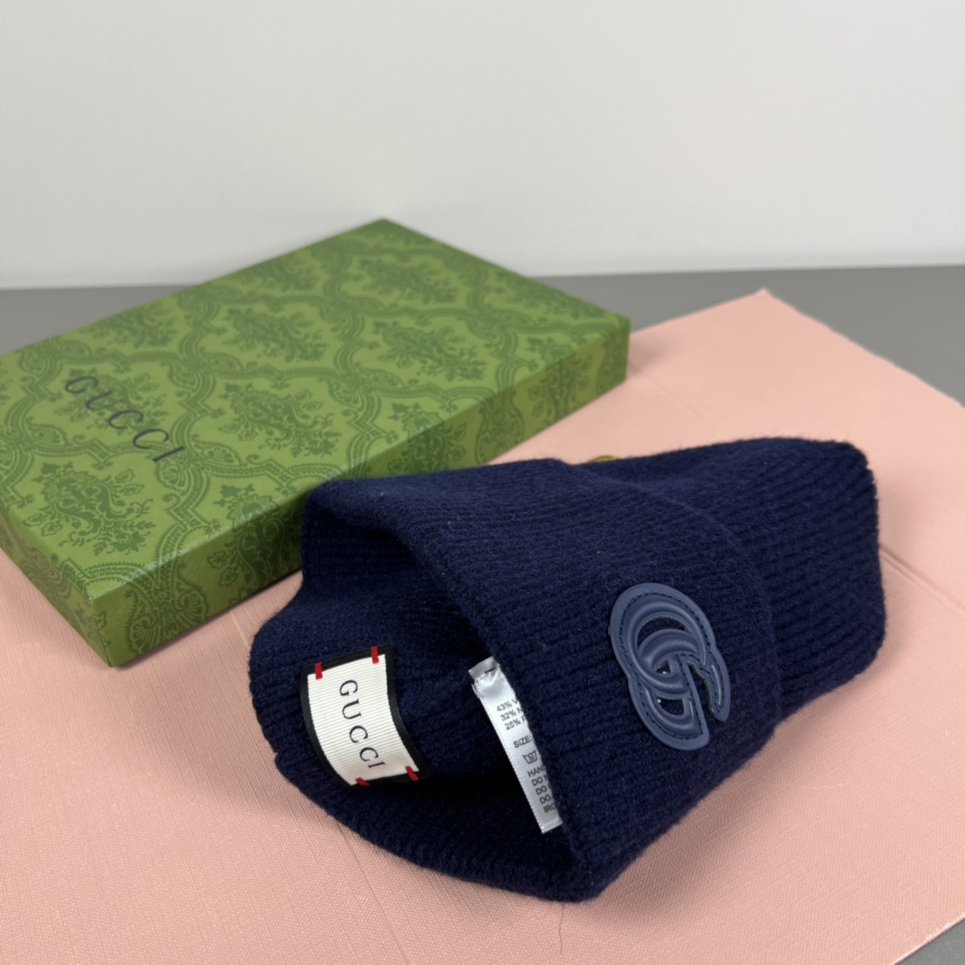 Gucci Cashmere Hat With Patch In Dark Blue - DopestKickz