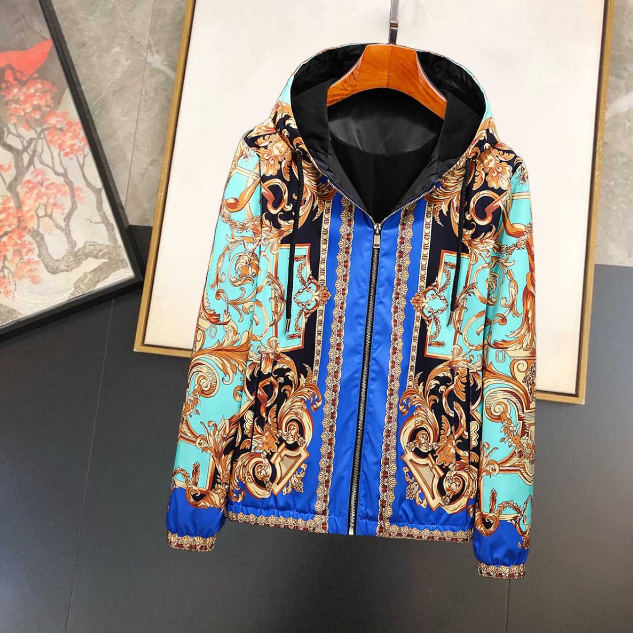 Versace Eros Baroque Printed Blue Golden Zip Up Bomber Jacket - DopestKickz