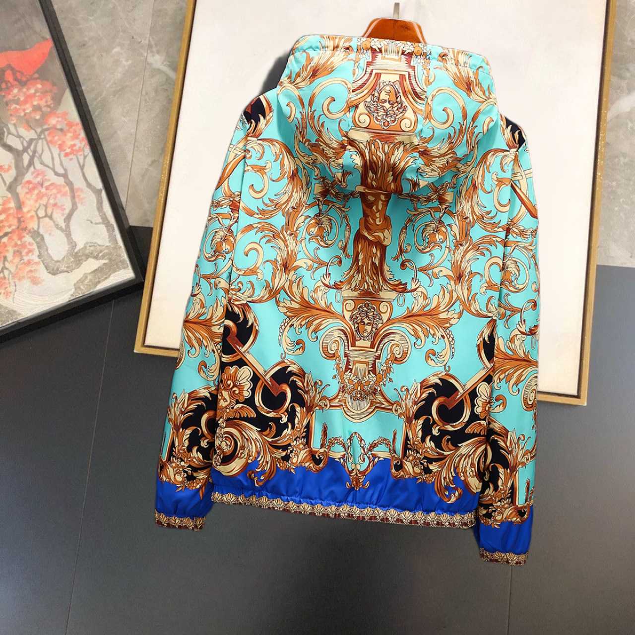 Versace Eros Baroque Printed Blue Golden Zip Up Bomber Jacket - DopestKickz