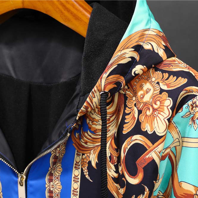 Versace Eros Baroque Printed Blue Golden Zip Up Bomber Jacket - DopestKickz