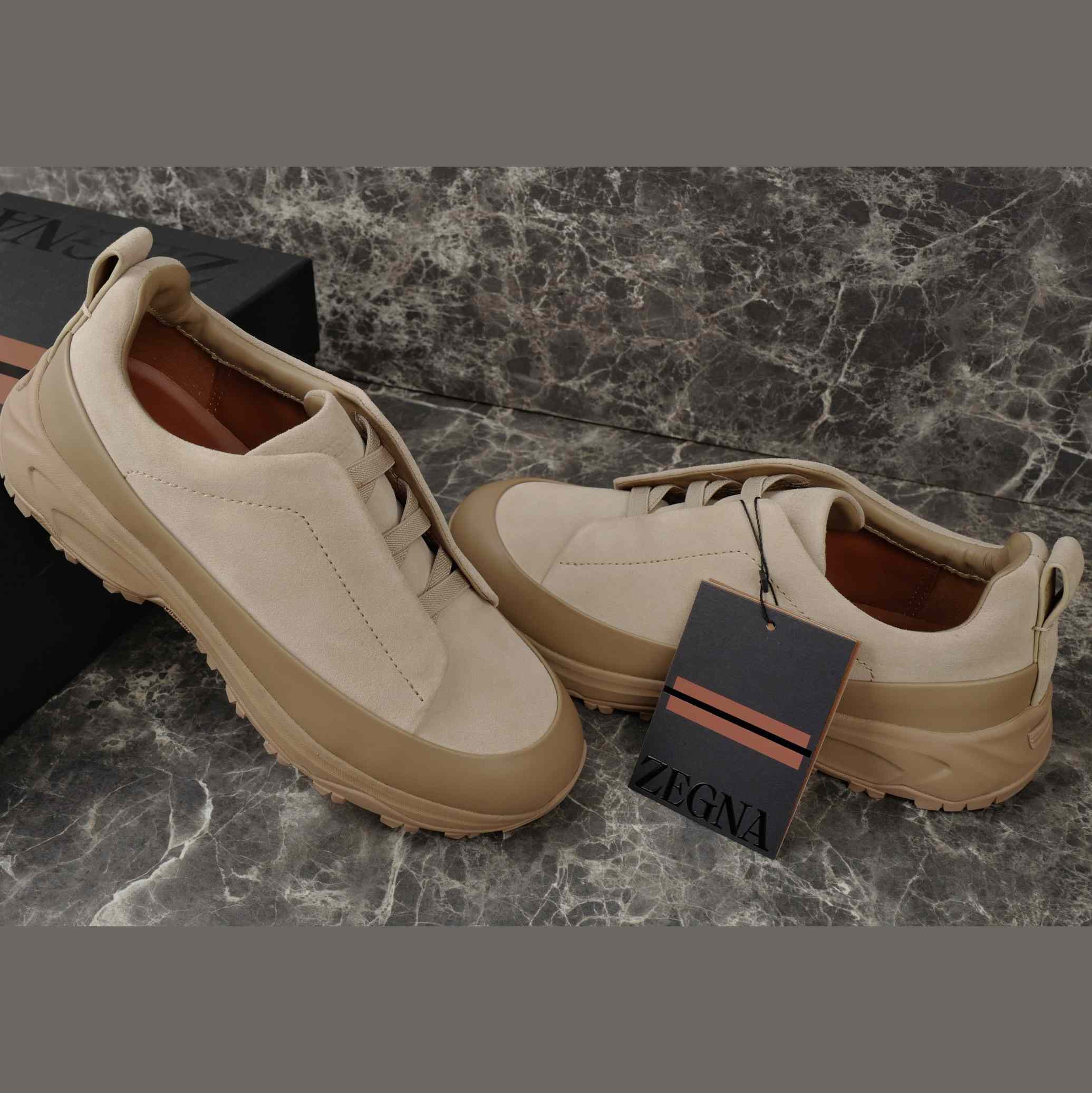 Zegna Light Taupe Leather and Suede Triple Stitch™ Monte Sneakers - DopestKickz