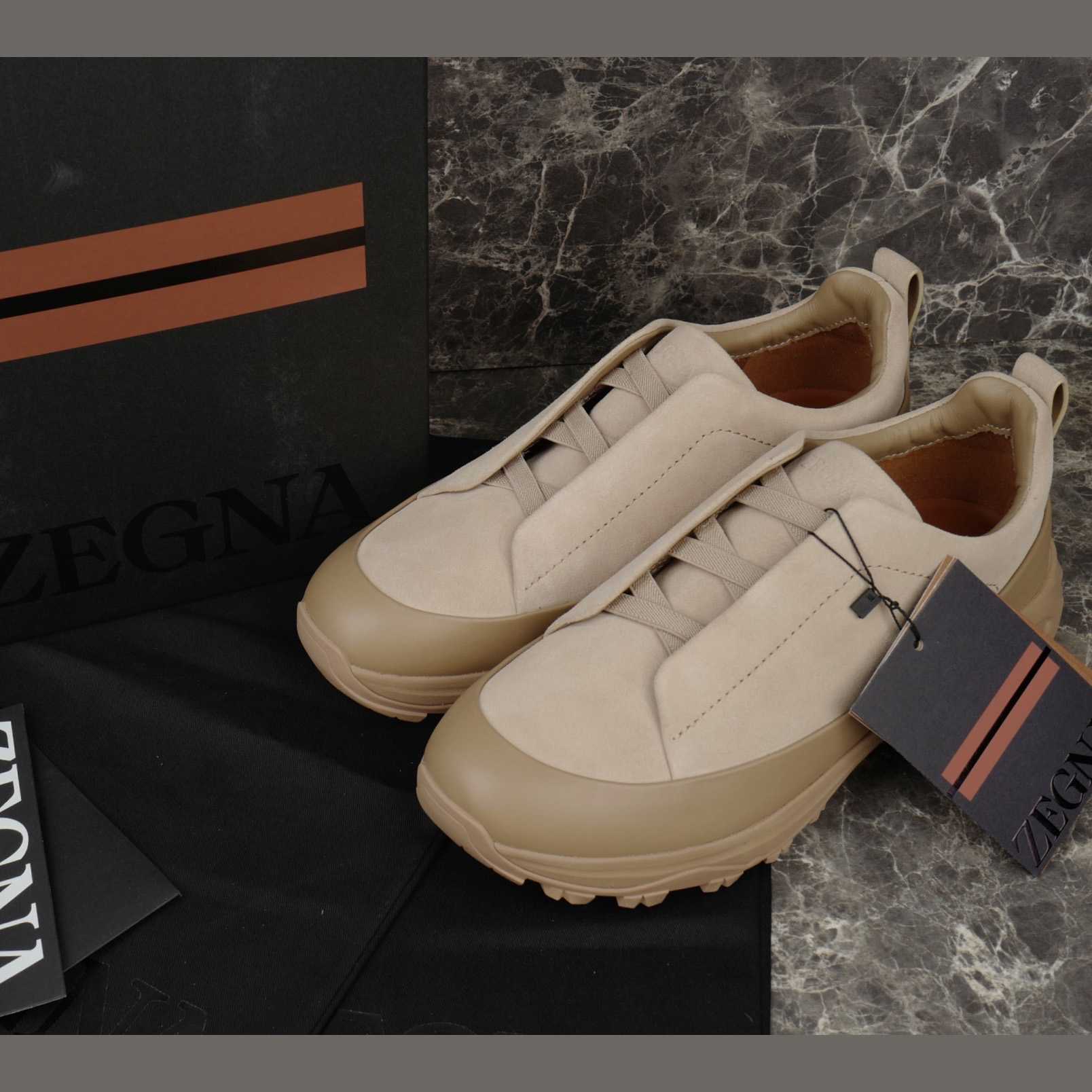 Zegna Light Taupe Leather and Suede Triple Stitch™ Monte Sneakers - DopestKickz