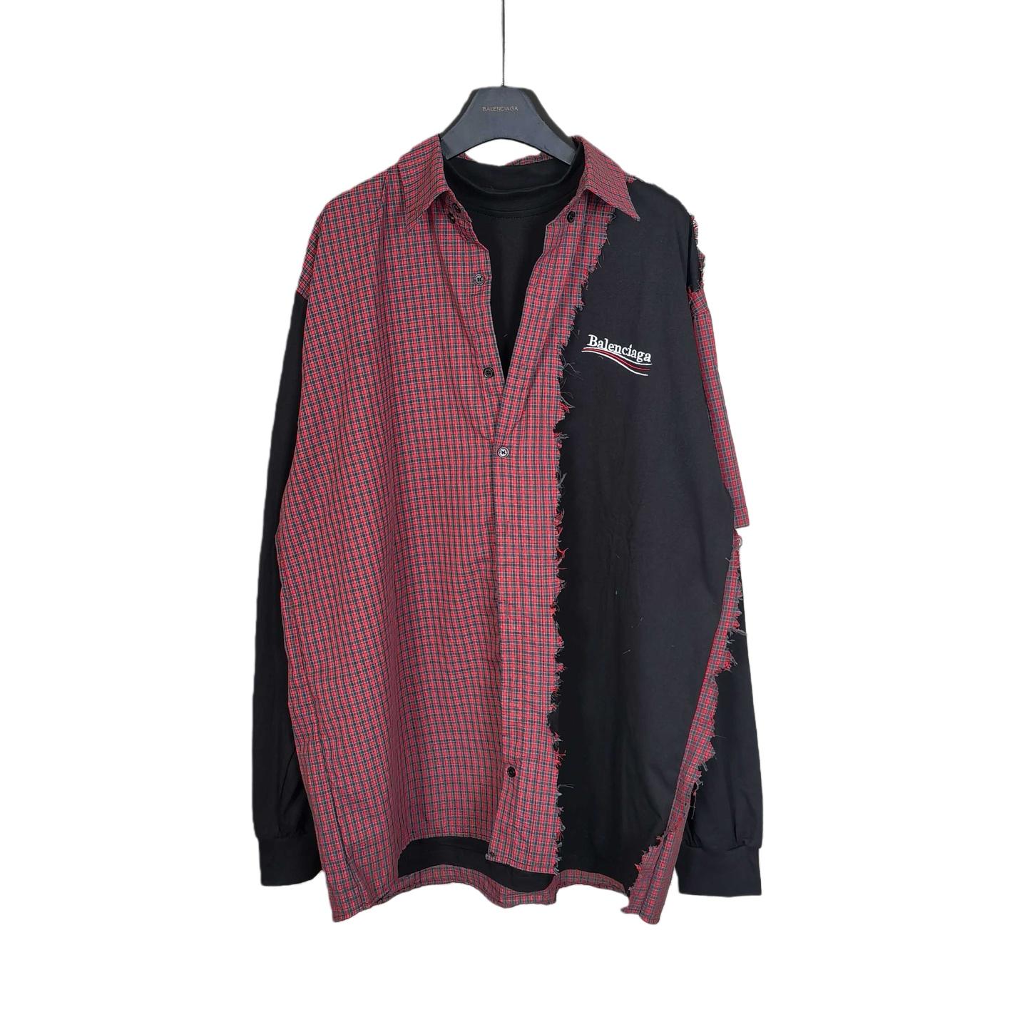 Balenciaga Men's Blue Paneled Long-Sleeve Shirt - DopestKickz