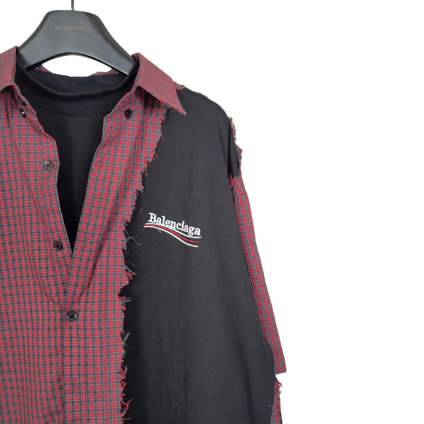 Balenciaga Men's Blue Paneled Long-Sleeve Shirt - DopestKickz