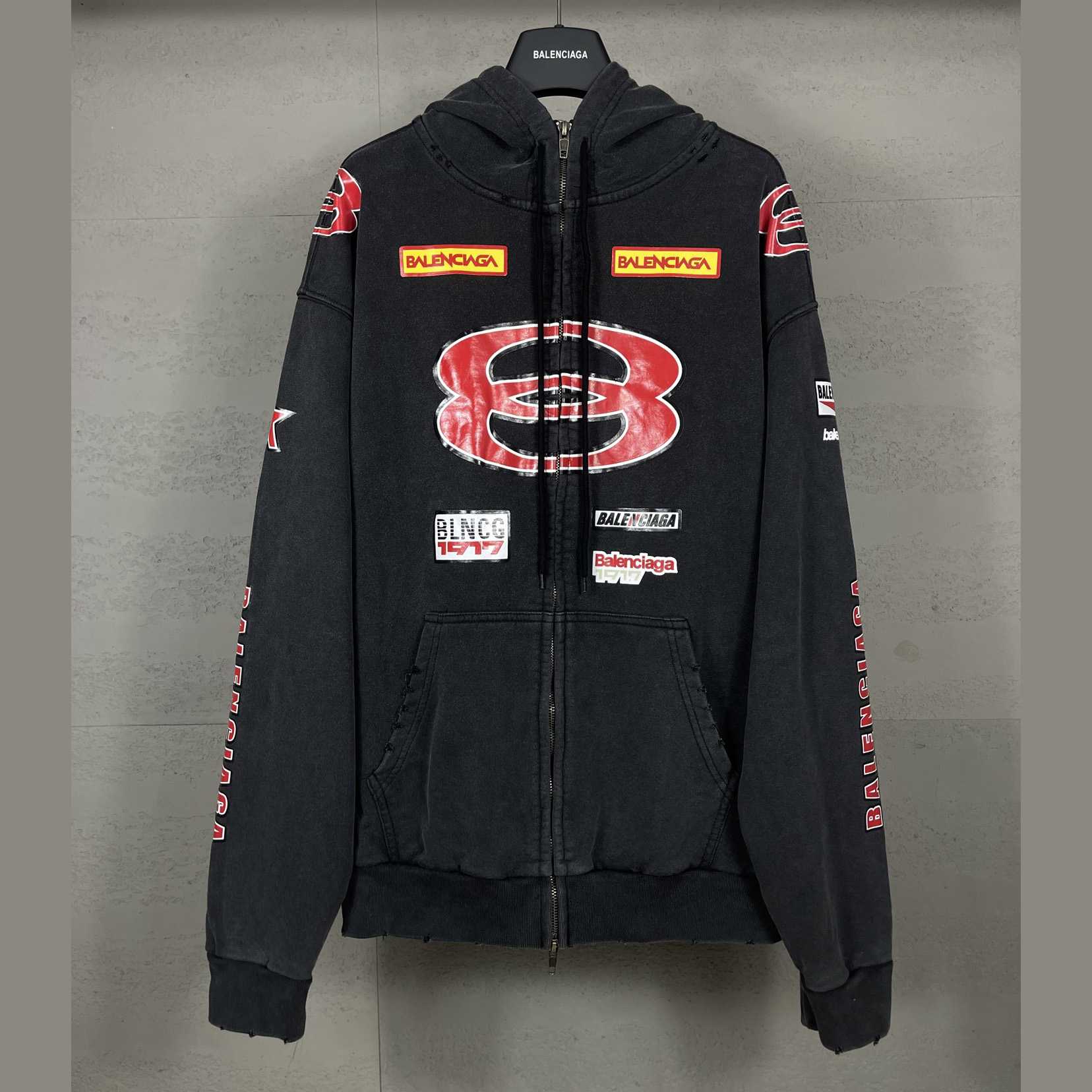 Balenciaga Sponsor Logos Large Zip-Up Hoodie In Faded Washed Black - DopestKickz