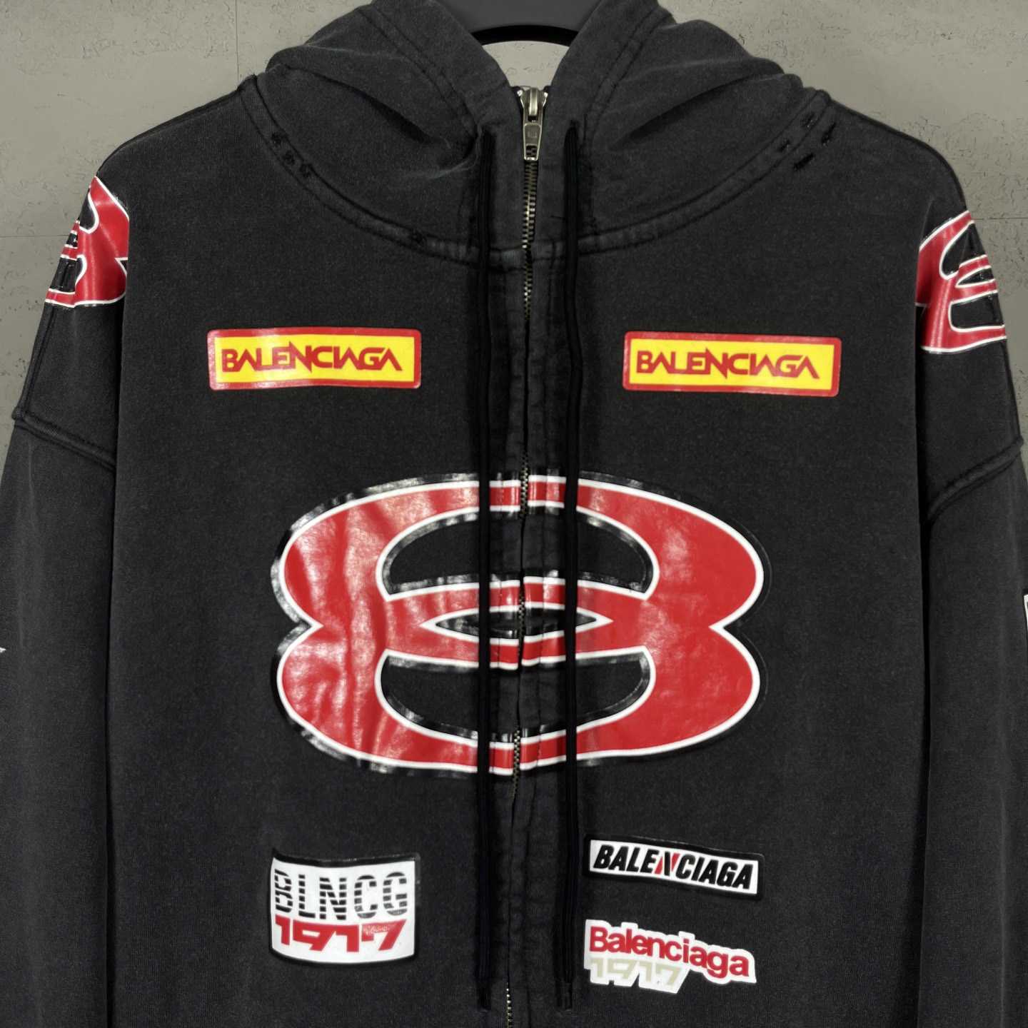 Balenciaga Sponsor Logos Large Zip-Up Hoodie In Faded Washed Black - DopestKickz