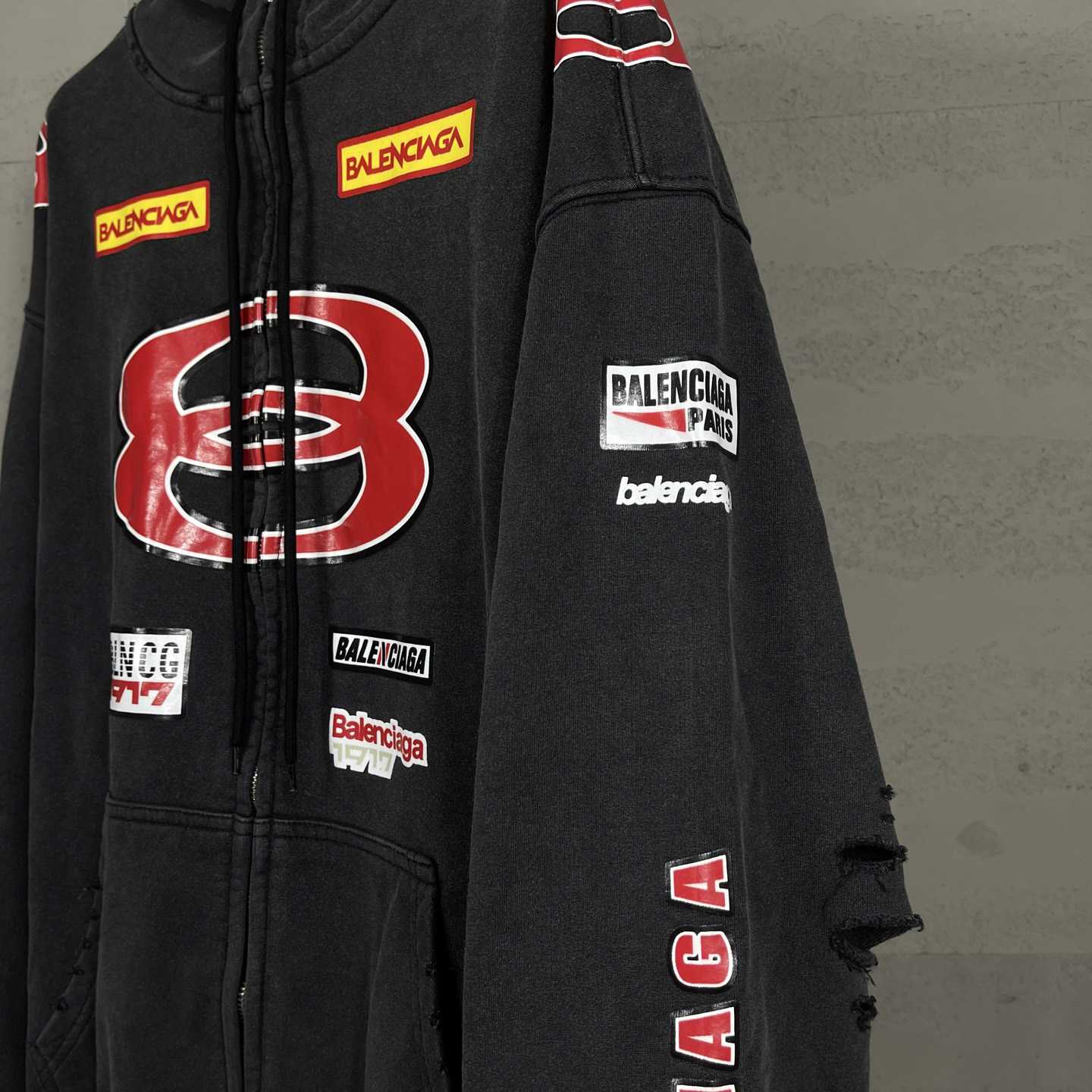 Balenciaga Sponsor Logos Large Zip-Up Hoodie In Faded Washed Black - DopestKickz