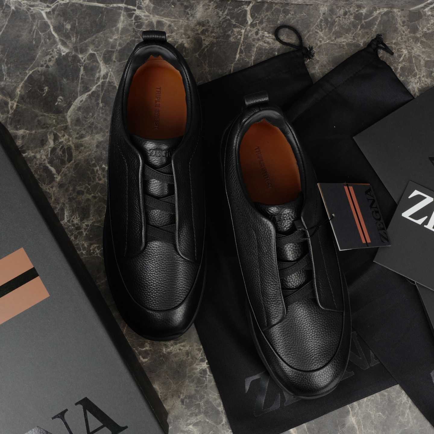 Zegna Black Leather Triple Stitch™ Monte Sneakers - DopestKickz