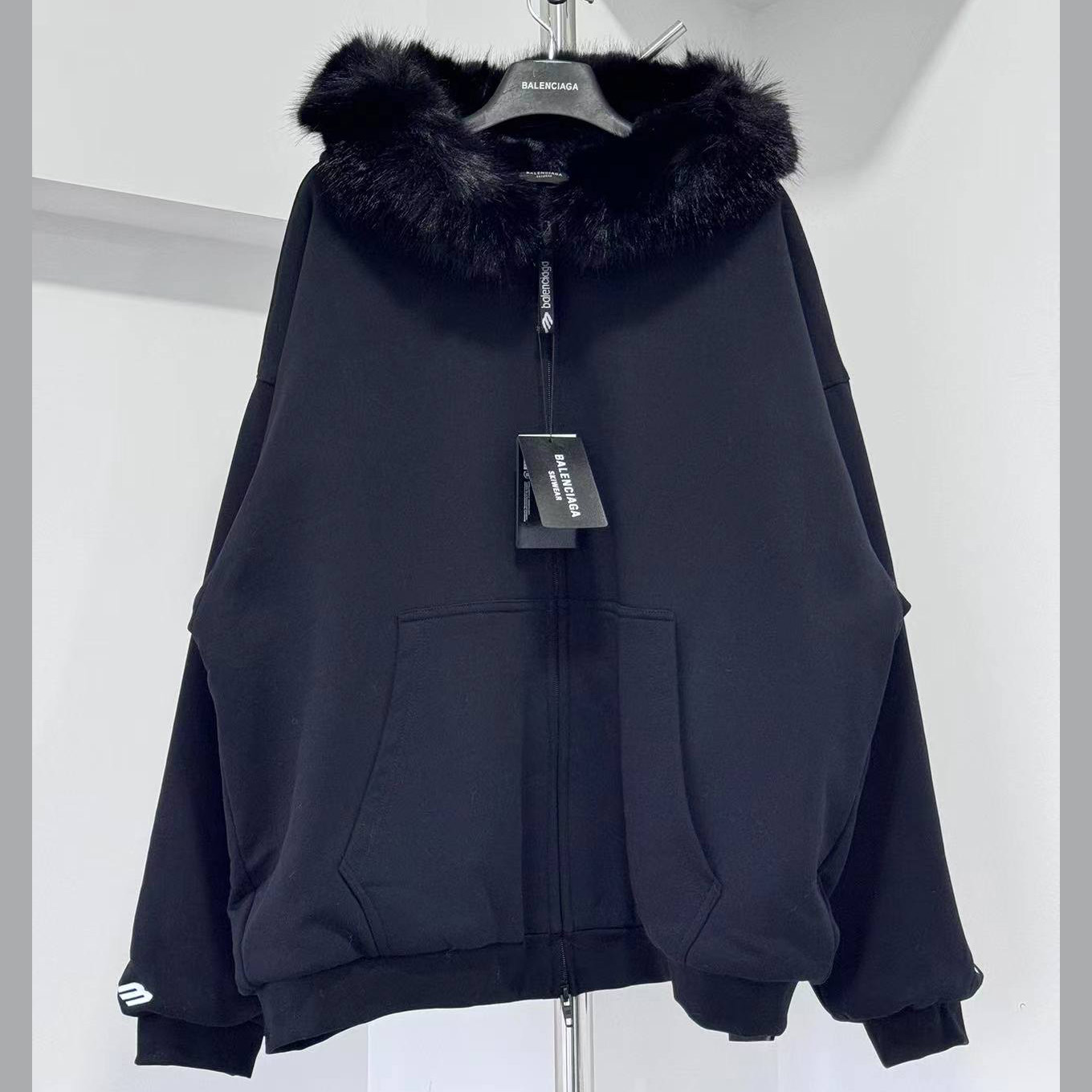 Balenciaga Fluffy Zip-Up Hoodie In Washed Black Medium Fleece - DopestKickz