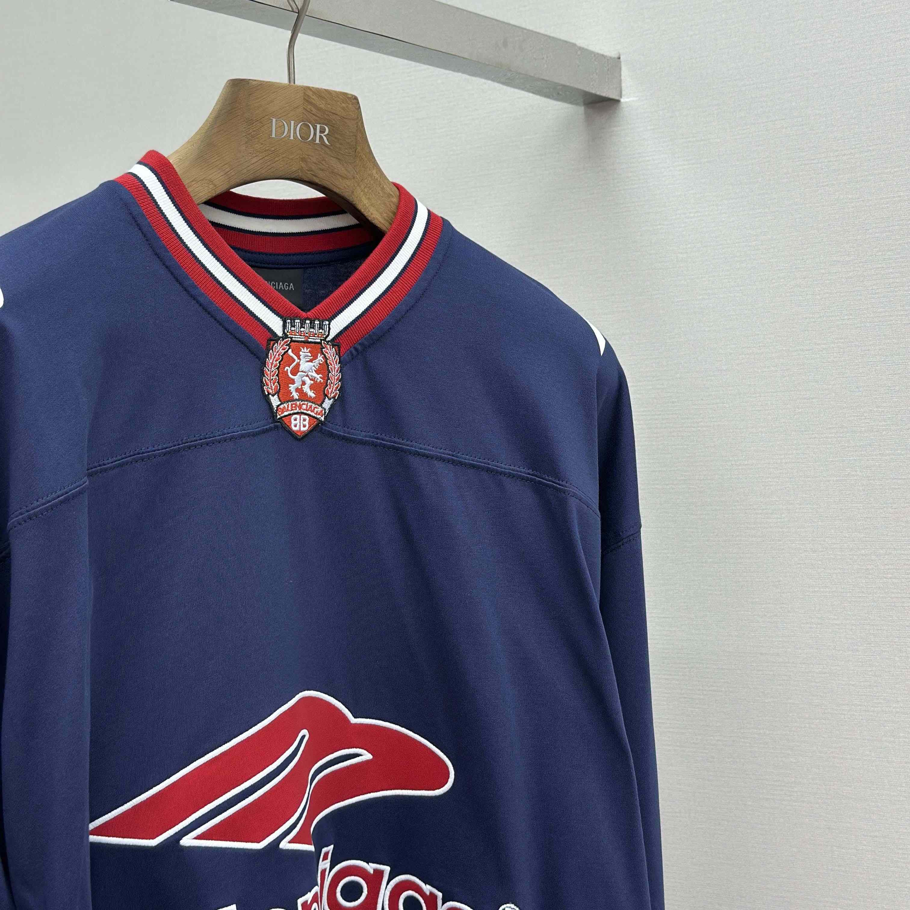 Balenciaga 3B Football Long Sleeve V-Neck T-Shirt In Dark Navy  - DopestKickz