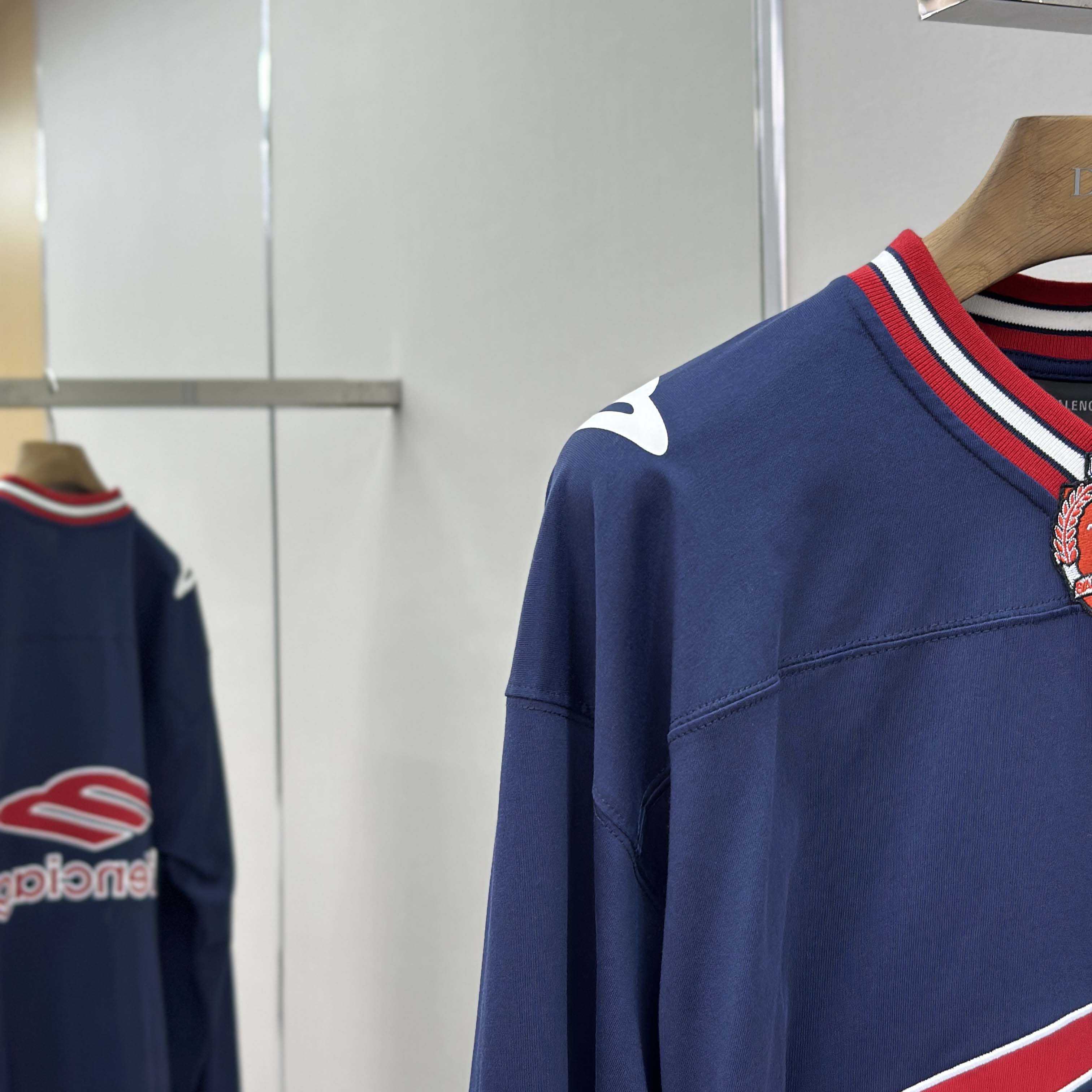 Balenciaga 3B Football Long Sleeve V-Neck T-Shirt In Dark Navy  - DopestKickz