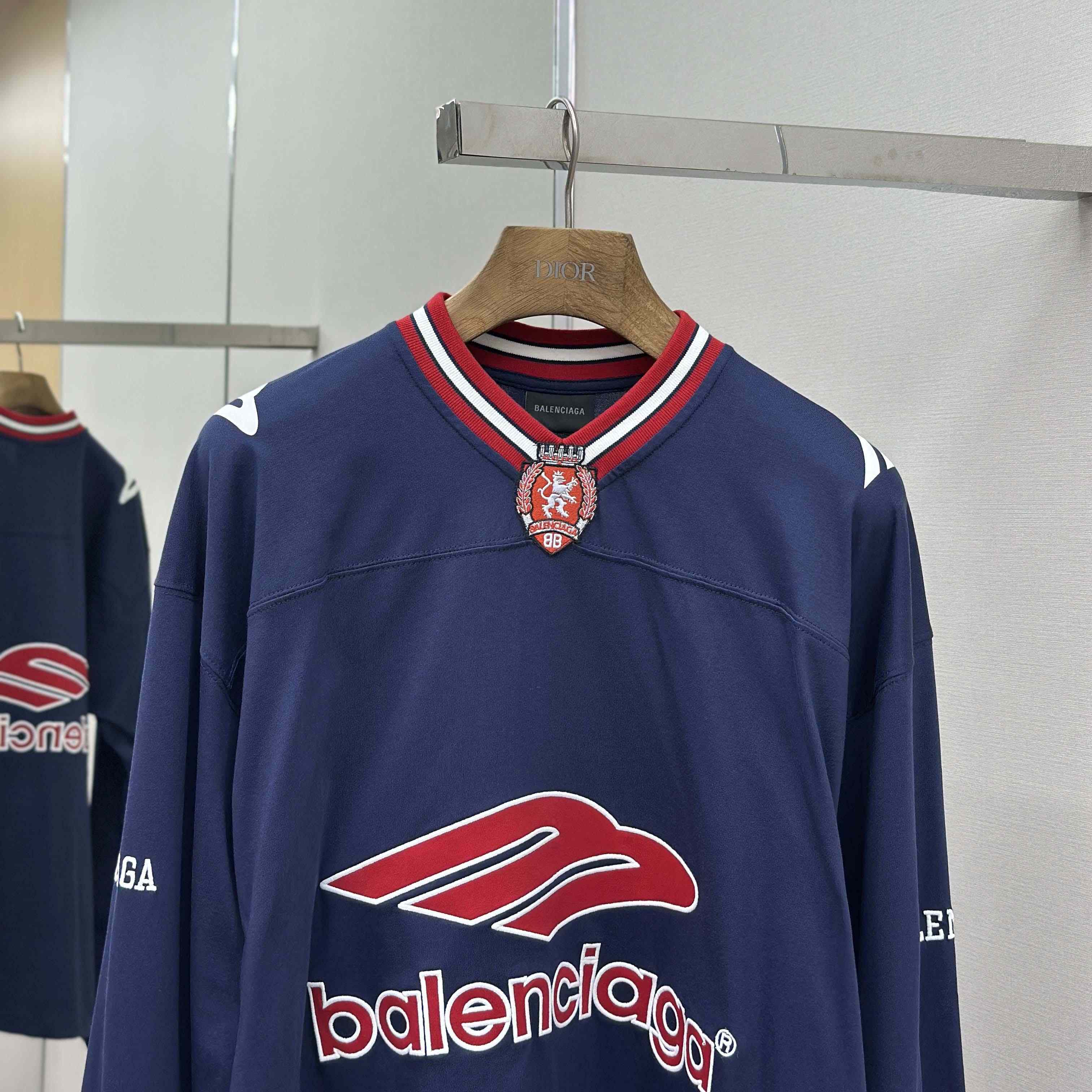 Balenciaga 3B Football Long Sleeve V-Neck T-Shirt In Dark Navy  - DopestKickz