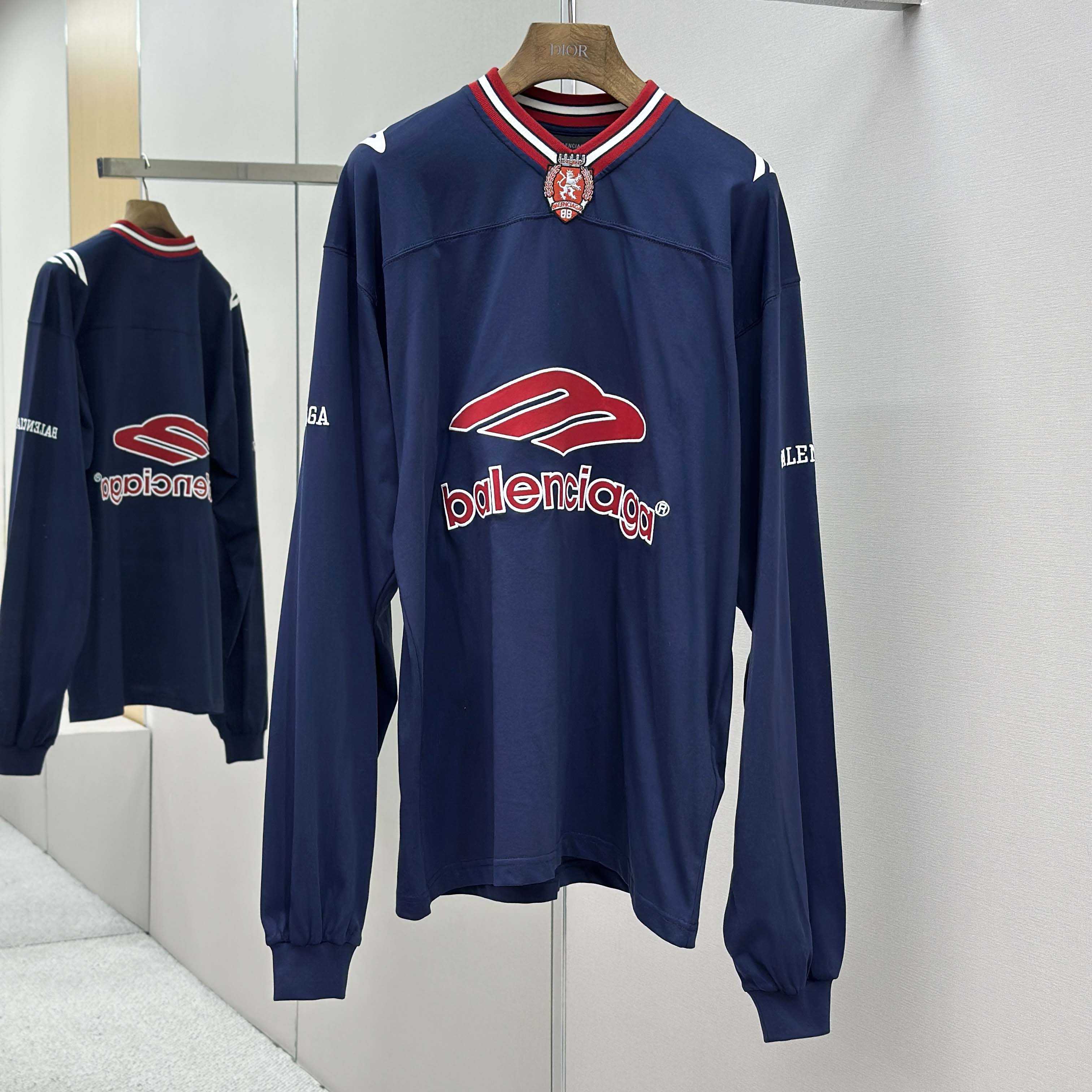 Balenciaga 3B Football Long Sleeve V-Neck T-Shirt In Dark Navy  - DopestKickz