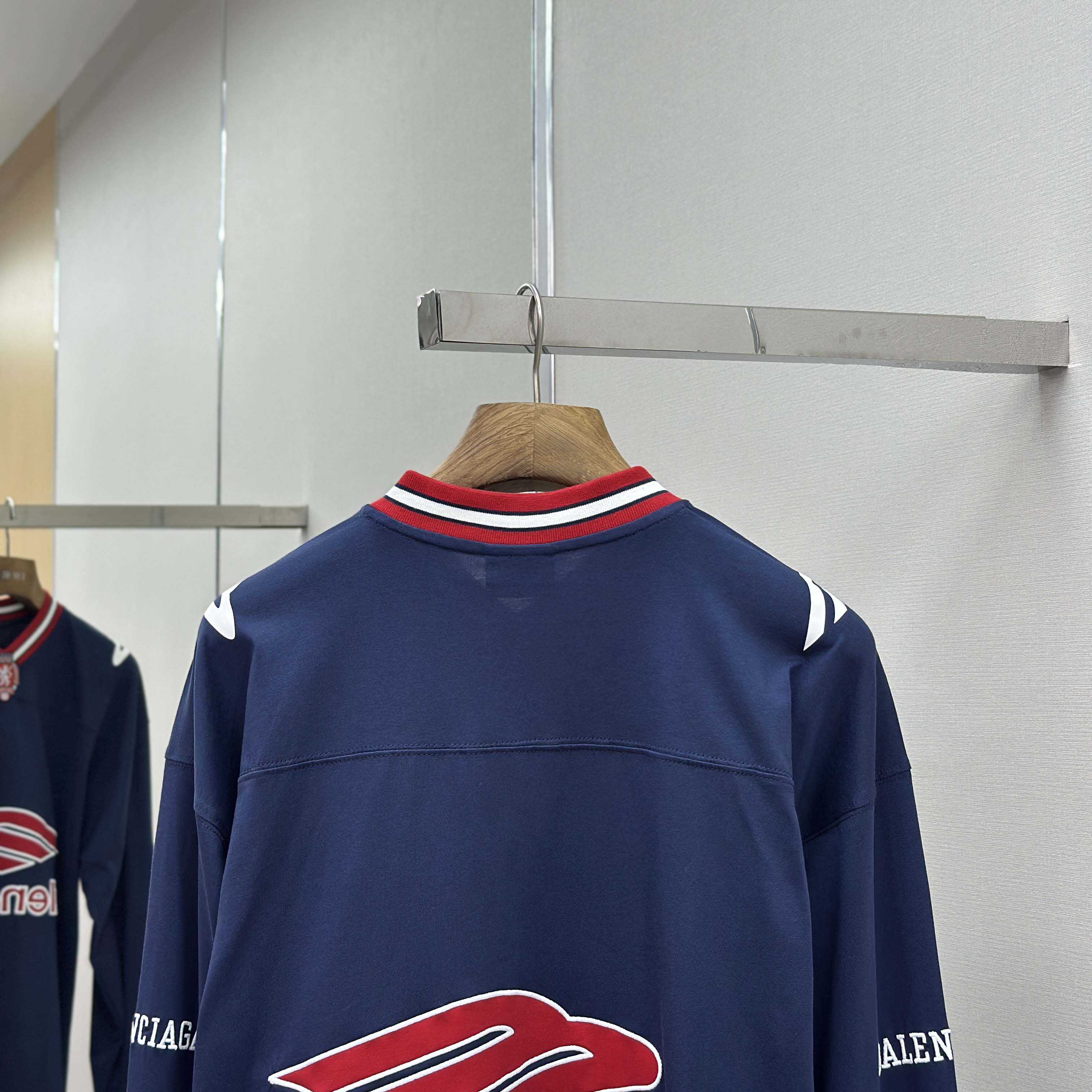 Balenciaga 3B Football Long Sleeve V-Neck T-Shirt In Dark Navy  - DopestKickz