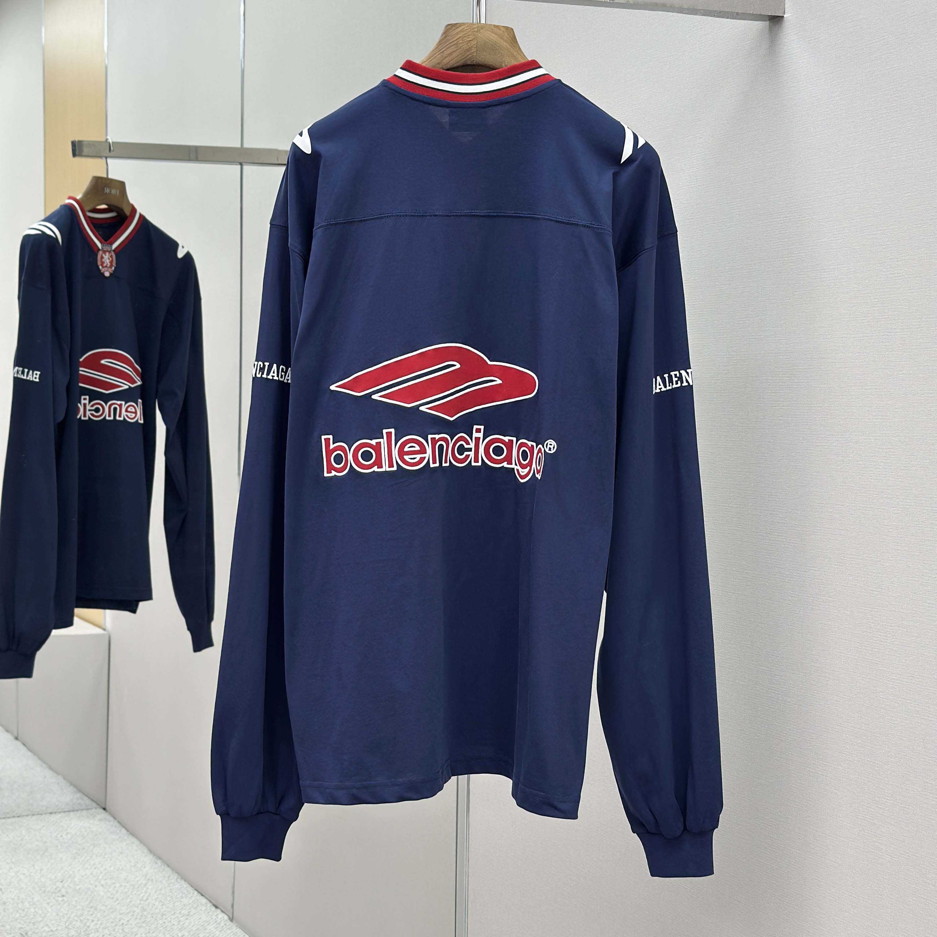 Balenciaga 3B Football Long Sleeve V-Neck T-Shirt In Dark Navy  - DopestKickz