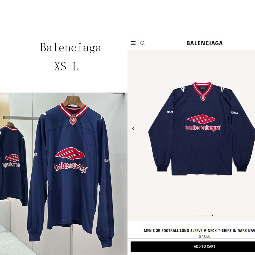 Balenciaga 3B Football Long Sleeve V-Neck T-Shirt In Dark Navy  - DopestKickz
