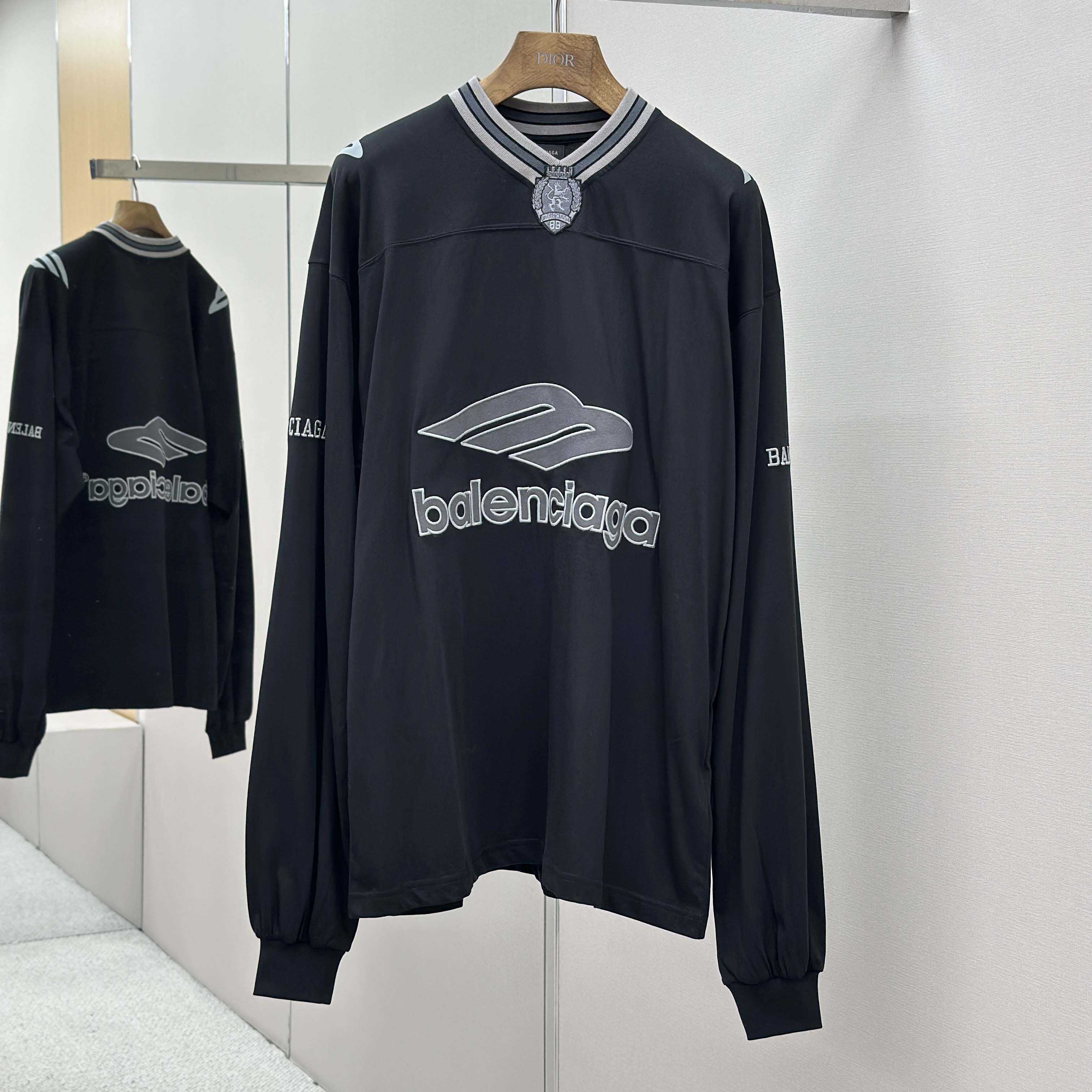 Balenciaga 3B Football Long Sleeve V-Neck T-Shirt In Black - DopestKickz