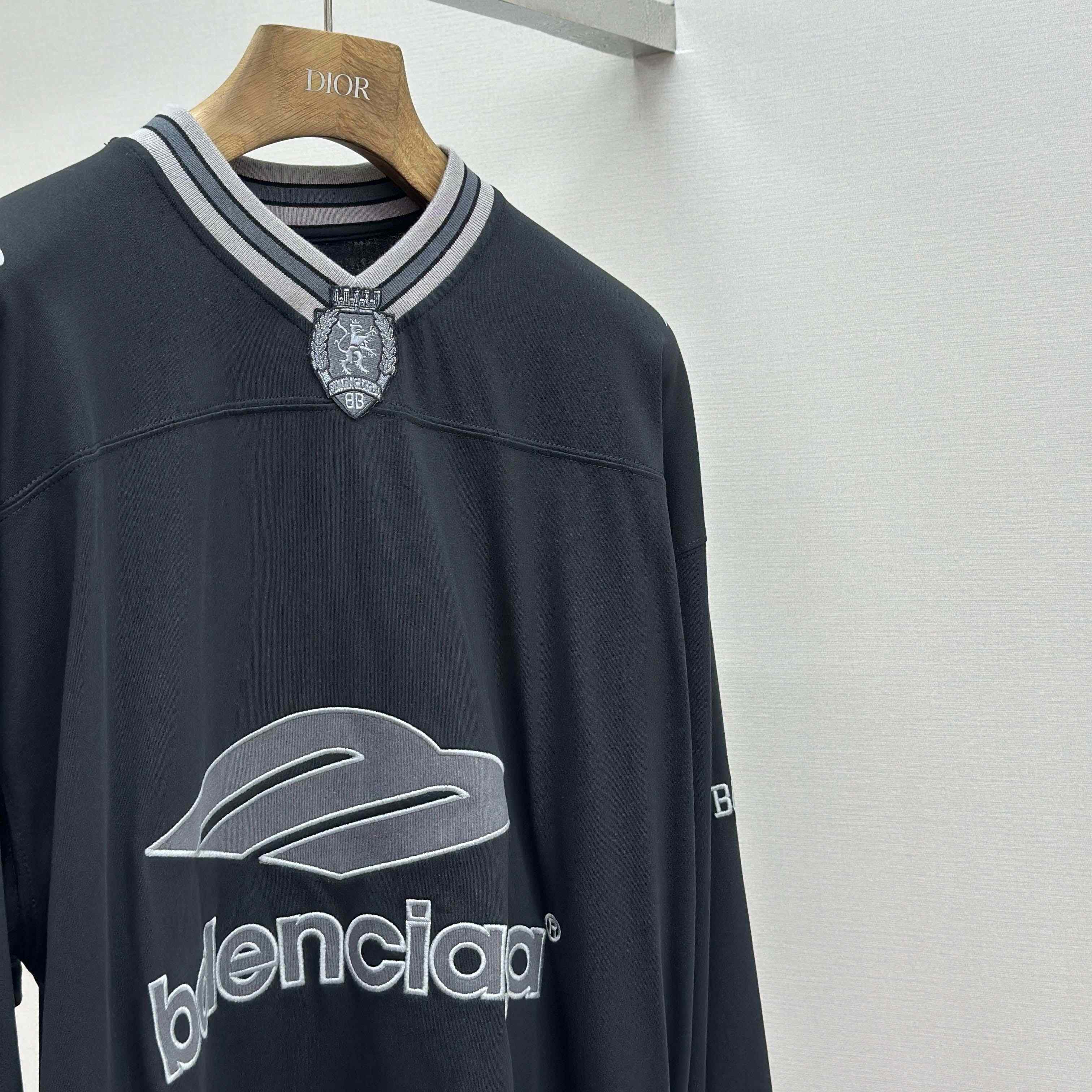 Balenciaga 3B Football Long Sleeve V-Neck T-Shirt In Black - DopestKickz
