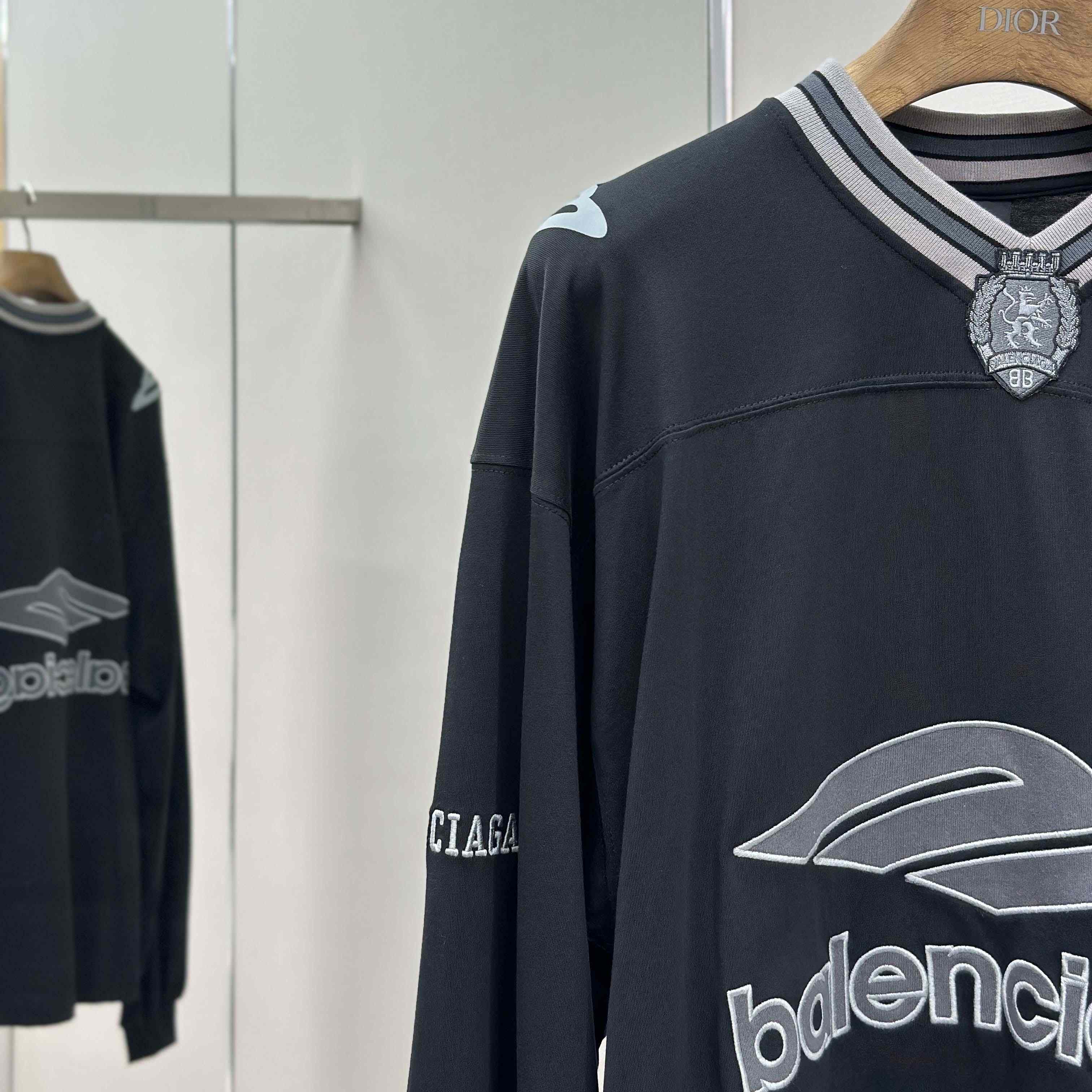 Balenciaga 3B Football Long Sleeve V-Neck T-Shirt In Black - DopestKickz
