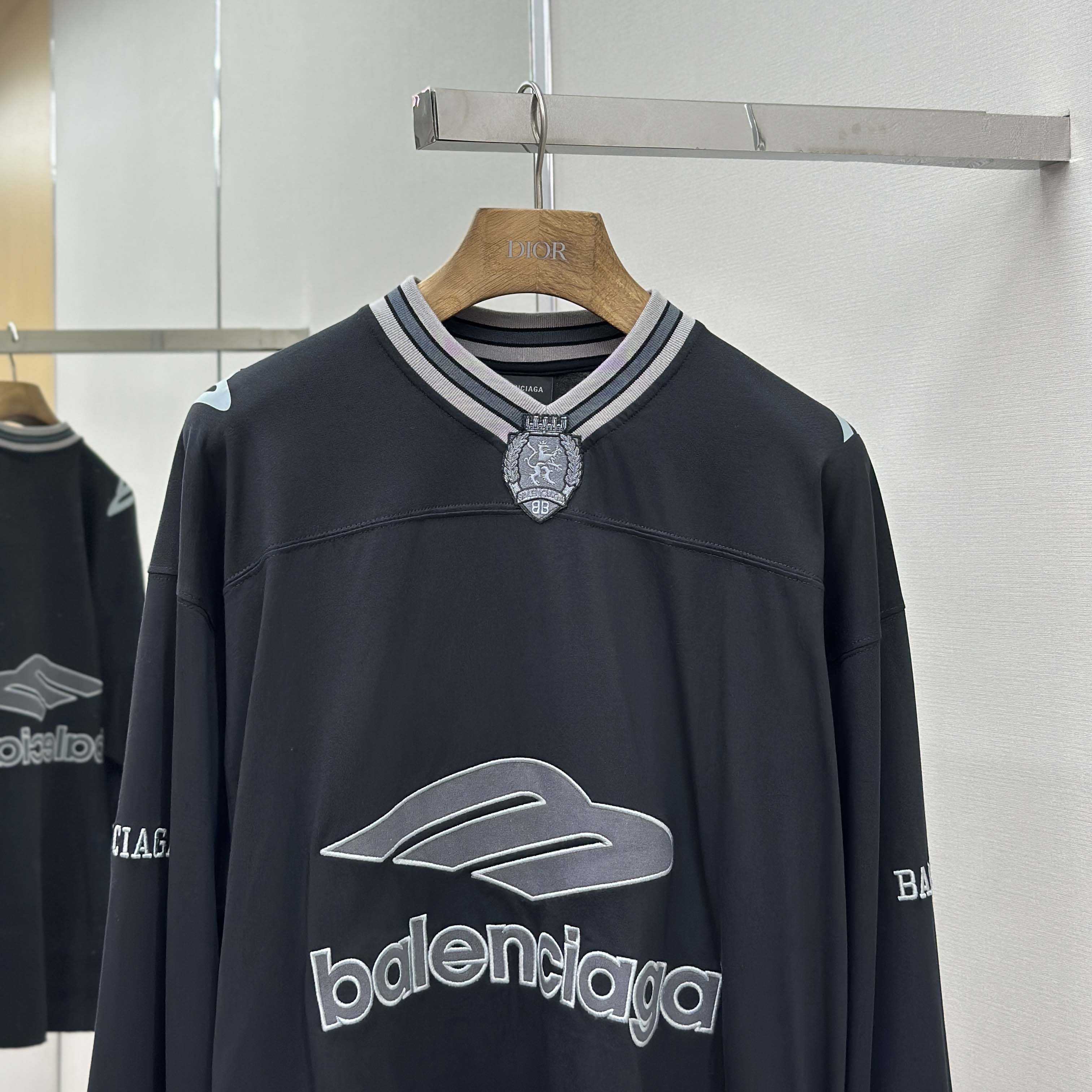 Balenciaga 3B Football Long Sleeve V-Neck T-Shirt In Black - DopestKickz