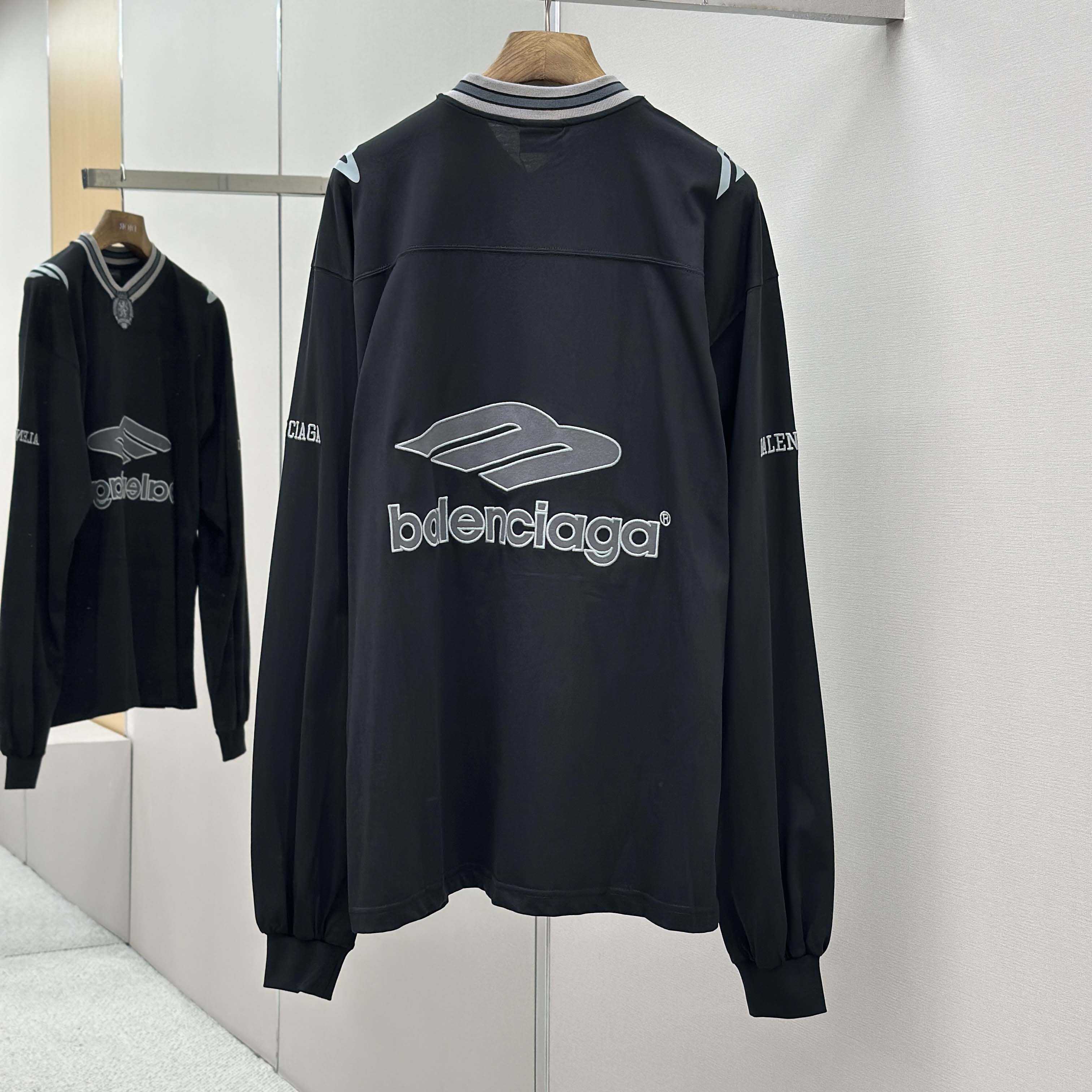 Balenciaga 3B Football Long Sleeve V-Neck T-Shirt In Black - DopestKickz