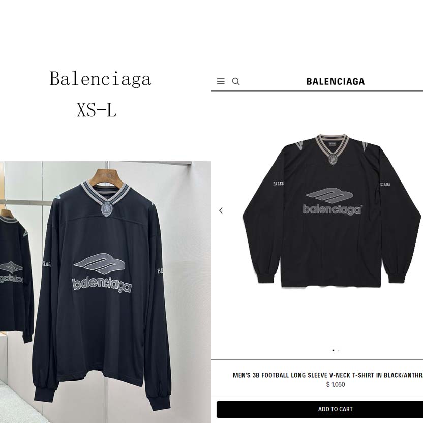 Balenciaga 3B Football Long Sleeve V-Neck T-Shirt In Black - DopestKickz