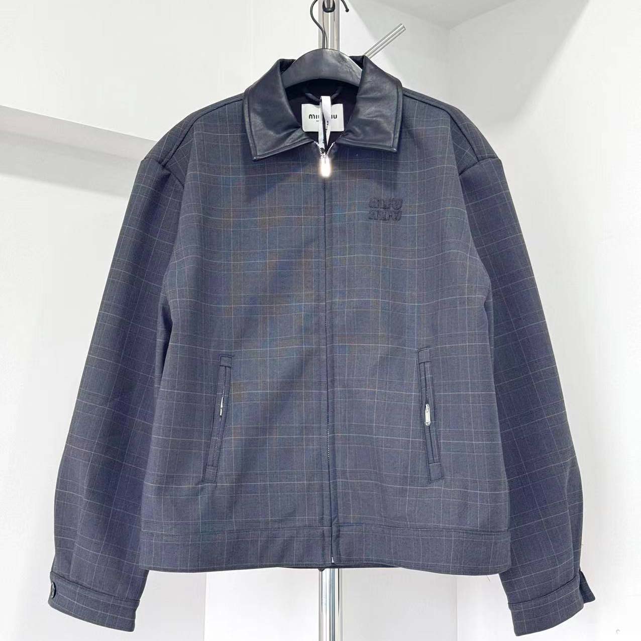 Miu Miu Prince Of Wales Check And bonded Jersey Blouson Jacket - DopestKickz