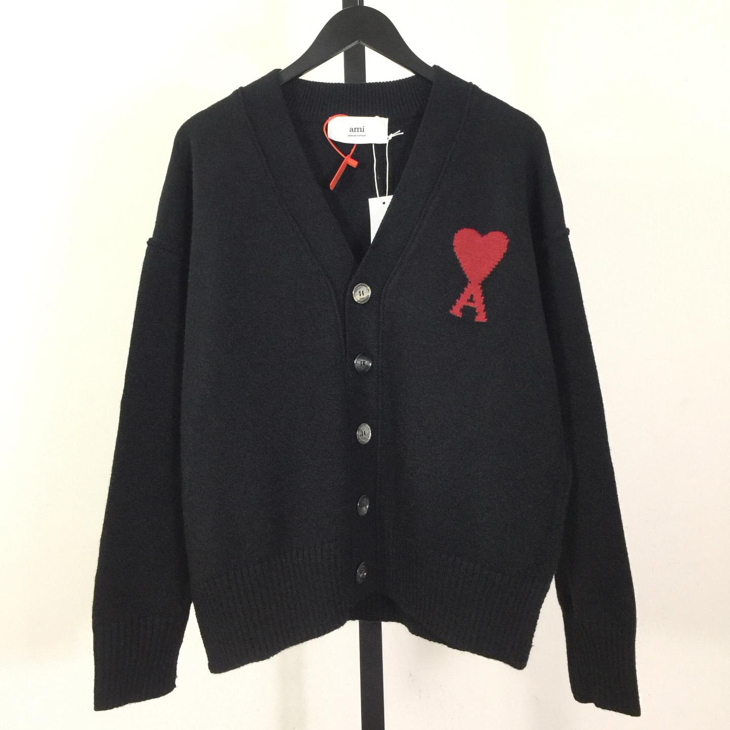 AMI Paris Black Wool Ami De Coeur Cardigan  - DopestKickz