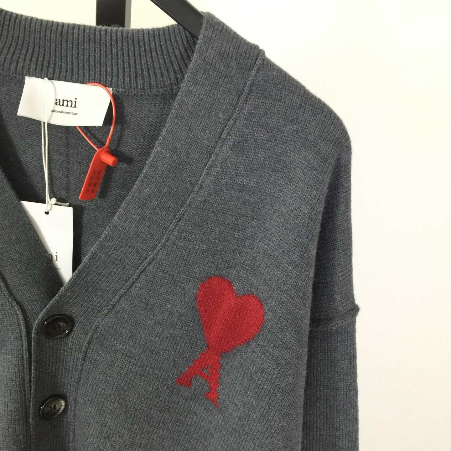 AMI Paris Grey Wool Ami De Coeur Cardigan  - DopestKickz