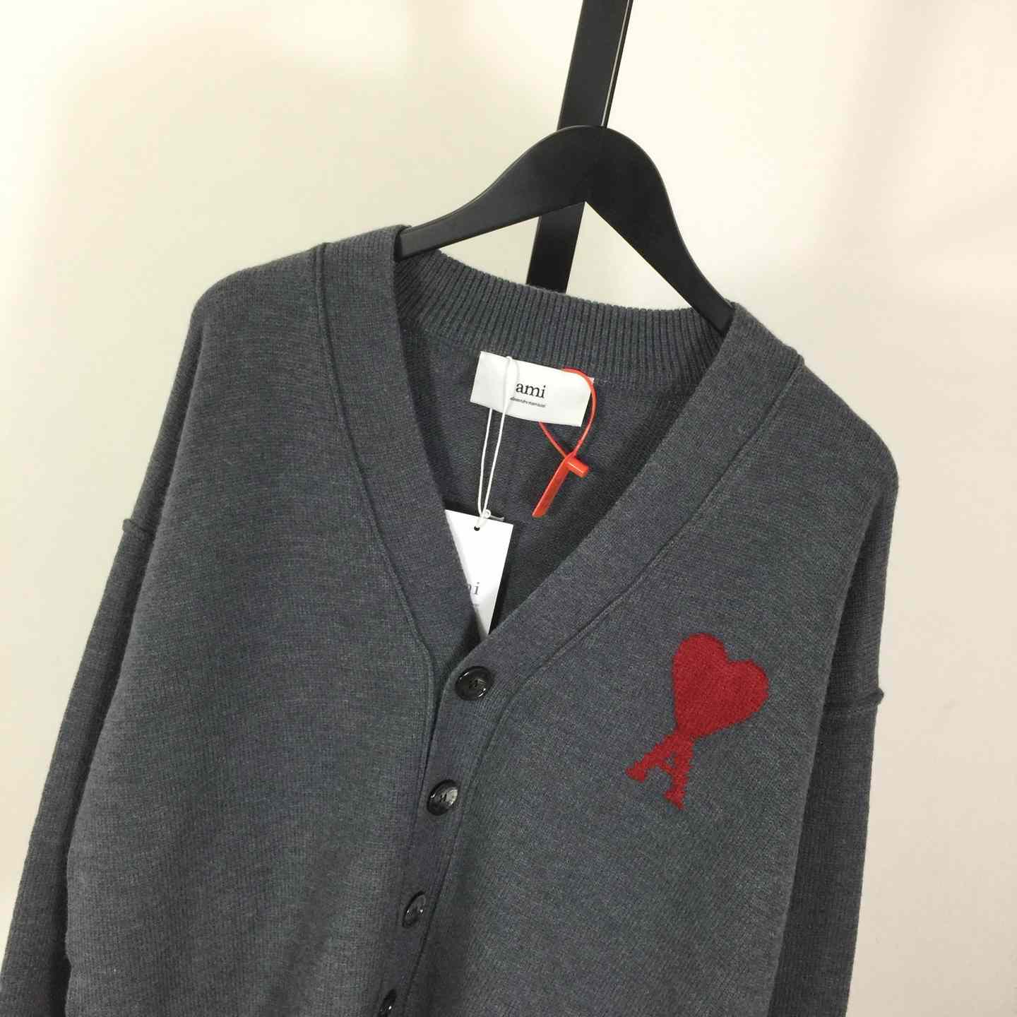 AMI Paris Grey Wool Ami De Coeur Cardigan  - DopestKickz