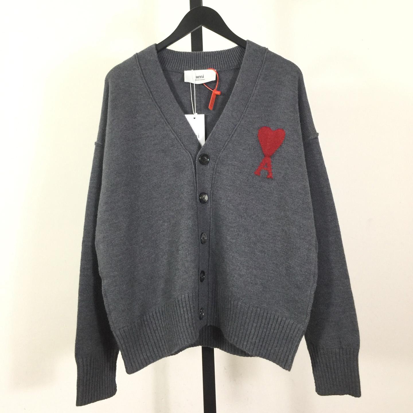 AMI Paris Grey Wool Ami De Coeur Cardigan  - DopestKickz
