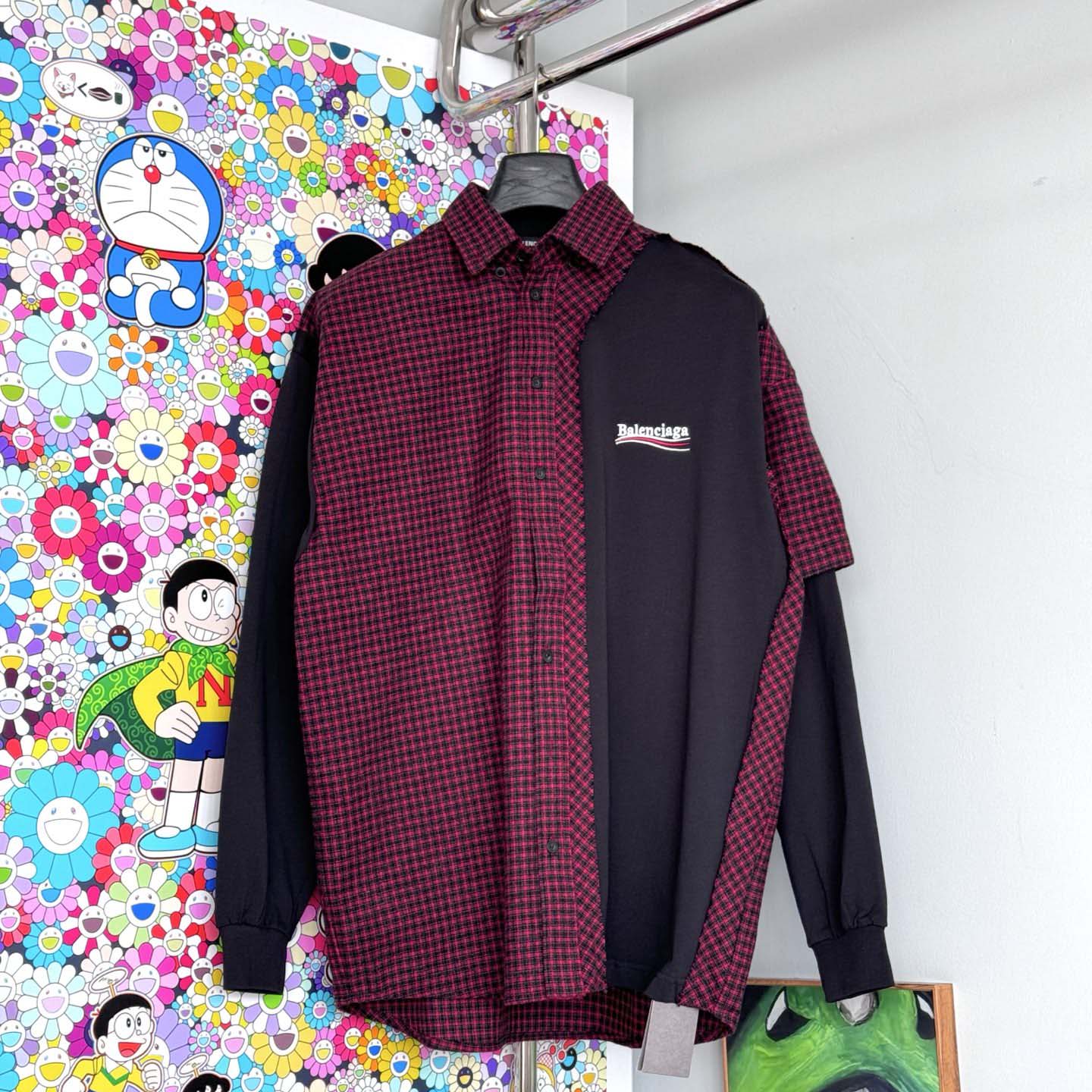 Balenciaga Patched Shirt In Red Check Flannel And Black Dry Jersey - DopestKickz
