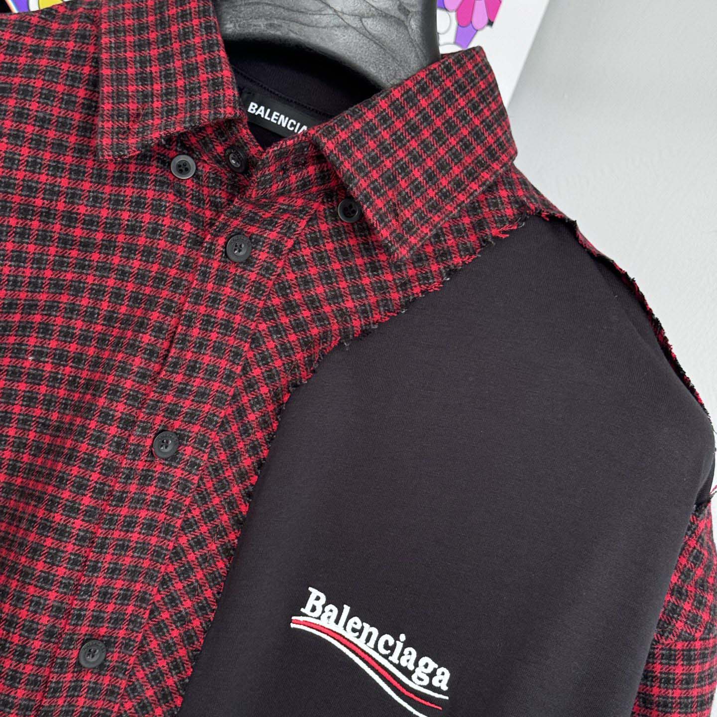 Balenciaga Patched Shirt In Red Check Flannel And Black Dry Jersey - DopestKickz