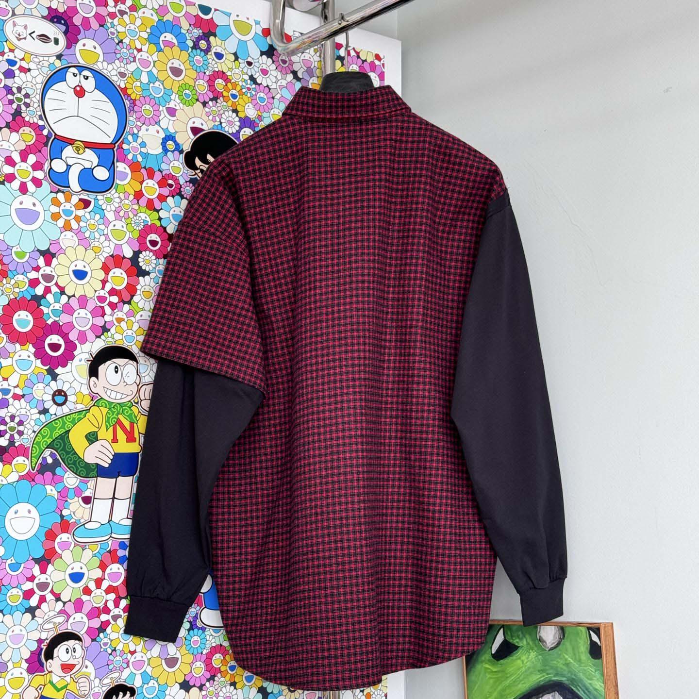 Balenciaga Patched Shirt In Red Check Flannel And Black Dry Jersey - DopestKickz