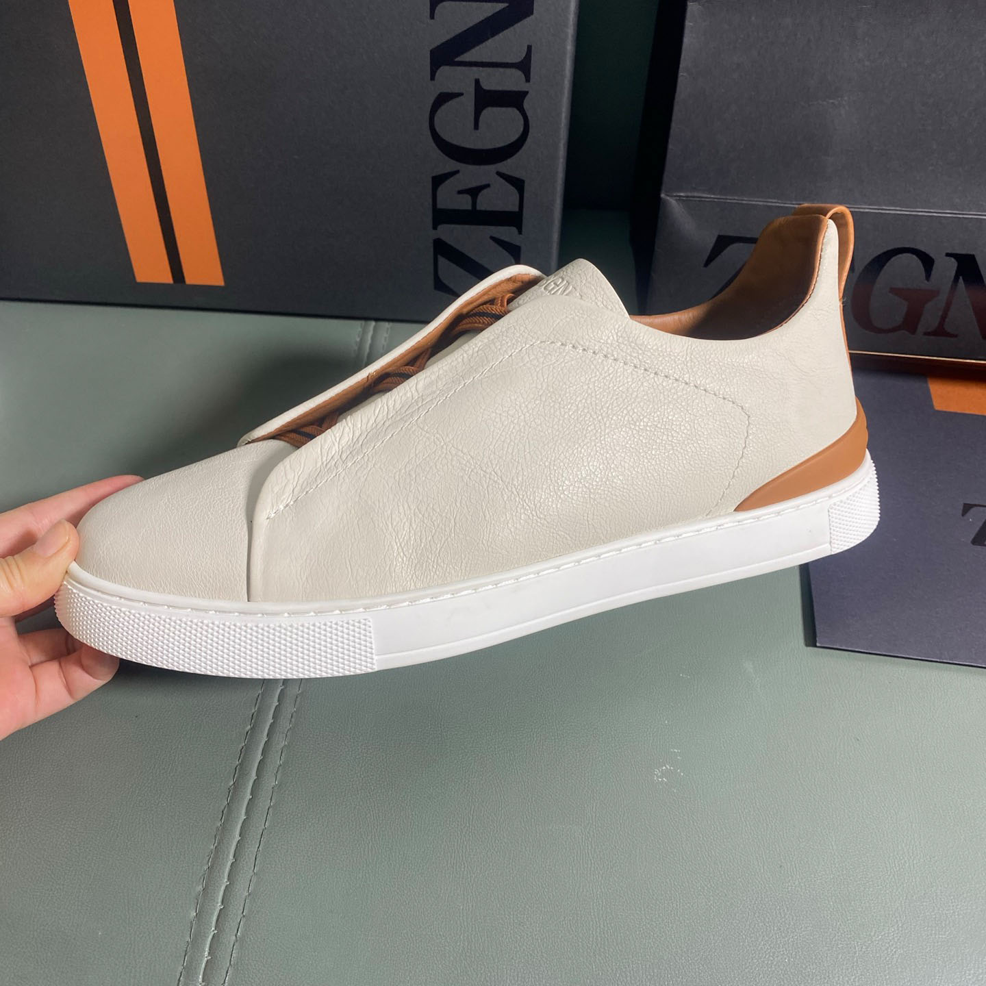 Zegna Off White Deerskin Triple Stitch™ Sneakers - DopestKickz
