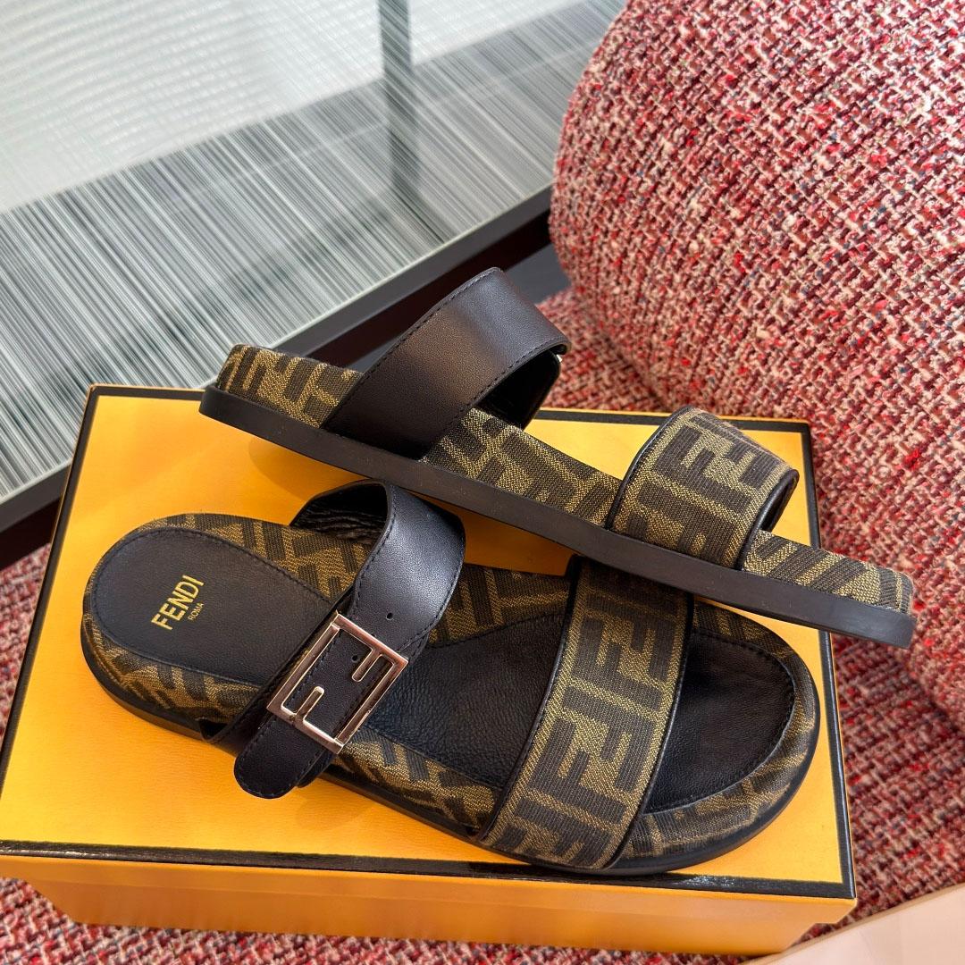 Fendi Black Leather And Brown FF Fabric Slides - DopestKickz