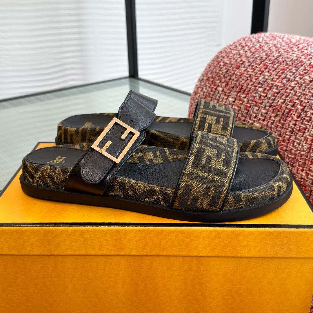 Fendi Black Leather And Brown FF Fabric Slides - DopestKickz
