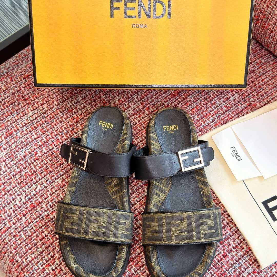 Fendi Black Leather And Brown FF Fabric Slides - DopestKickz