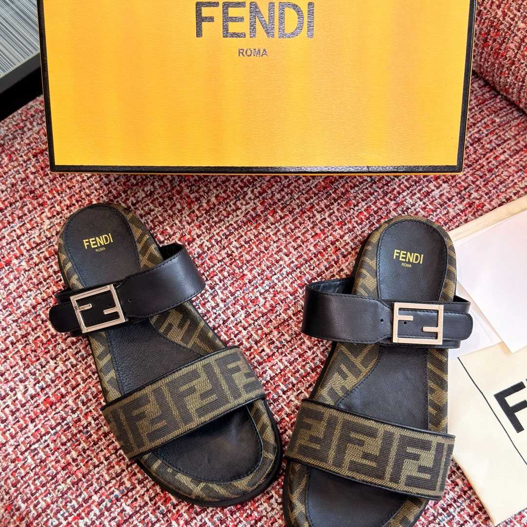 Fendi Black Leather And Brown FF Fabric Slides - DopestKickz