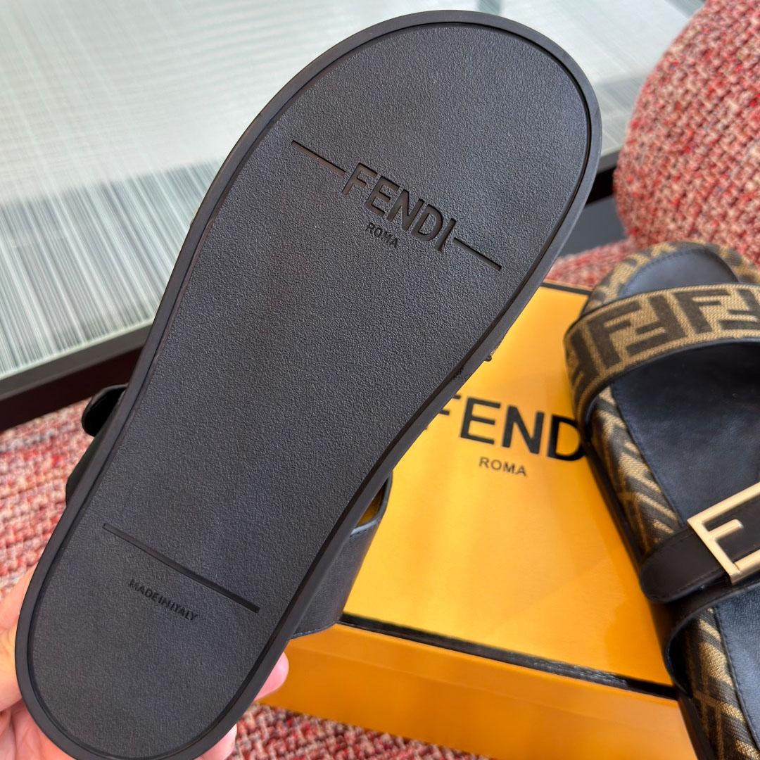 Fendi Black Leather And Brown FF Fabric Slides - DopestKickz