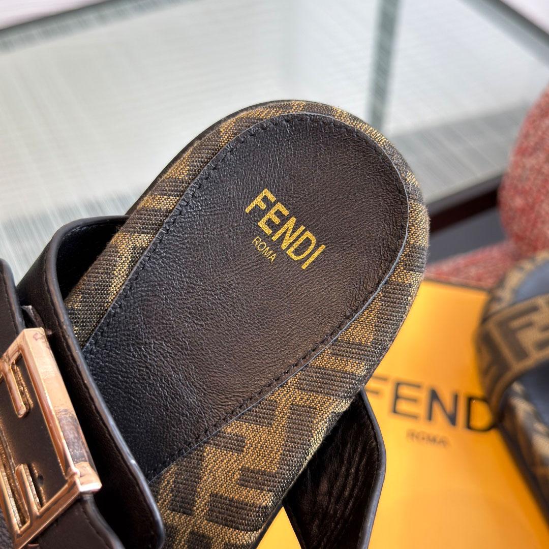 Fendi Black Leather And Brown FF Fabric Slides - DopestKickz