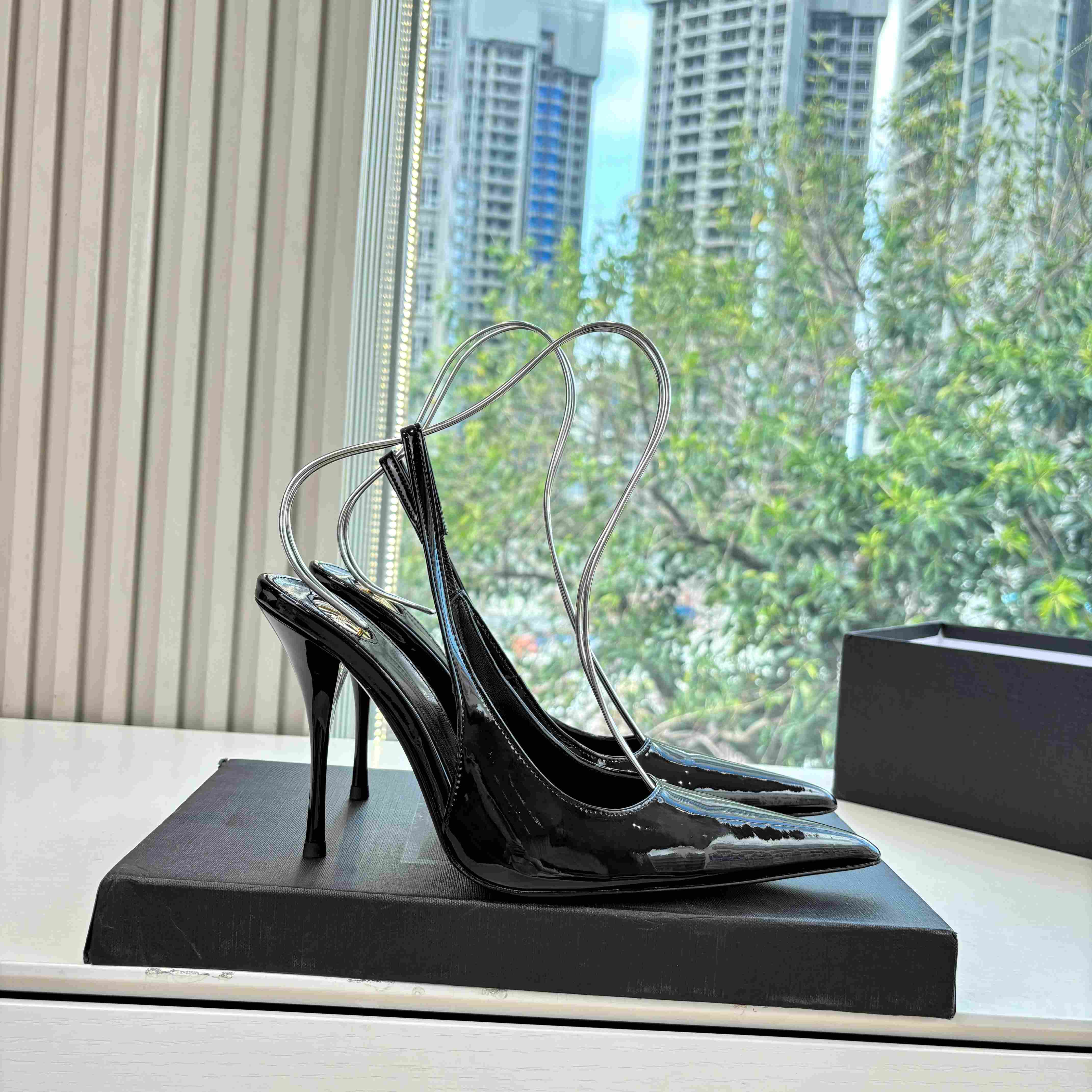 Saint Laurent GUERMANTES Slingback Pumps In Patent Leather - DopestKickz