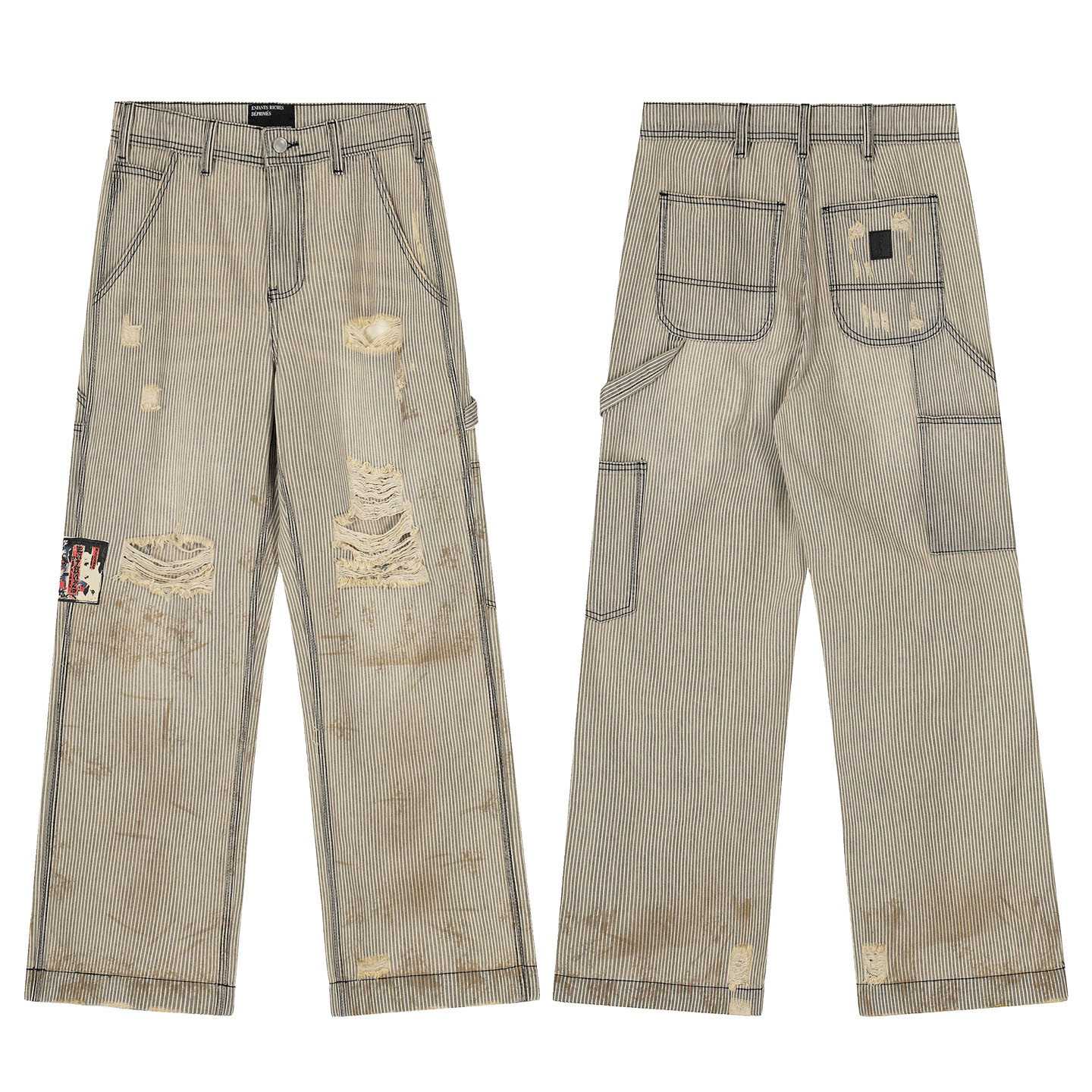 Enfants Riches Déprimés Wide-leg Striped Paint-splattered Distressed Denim Trousers - DopestKickz