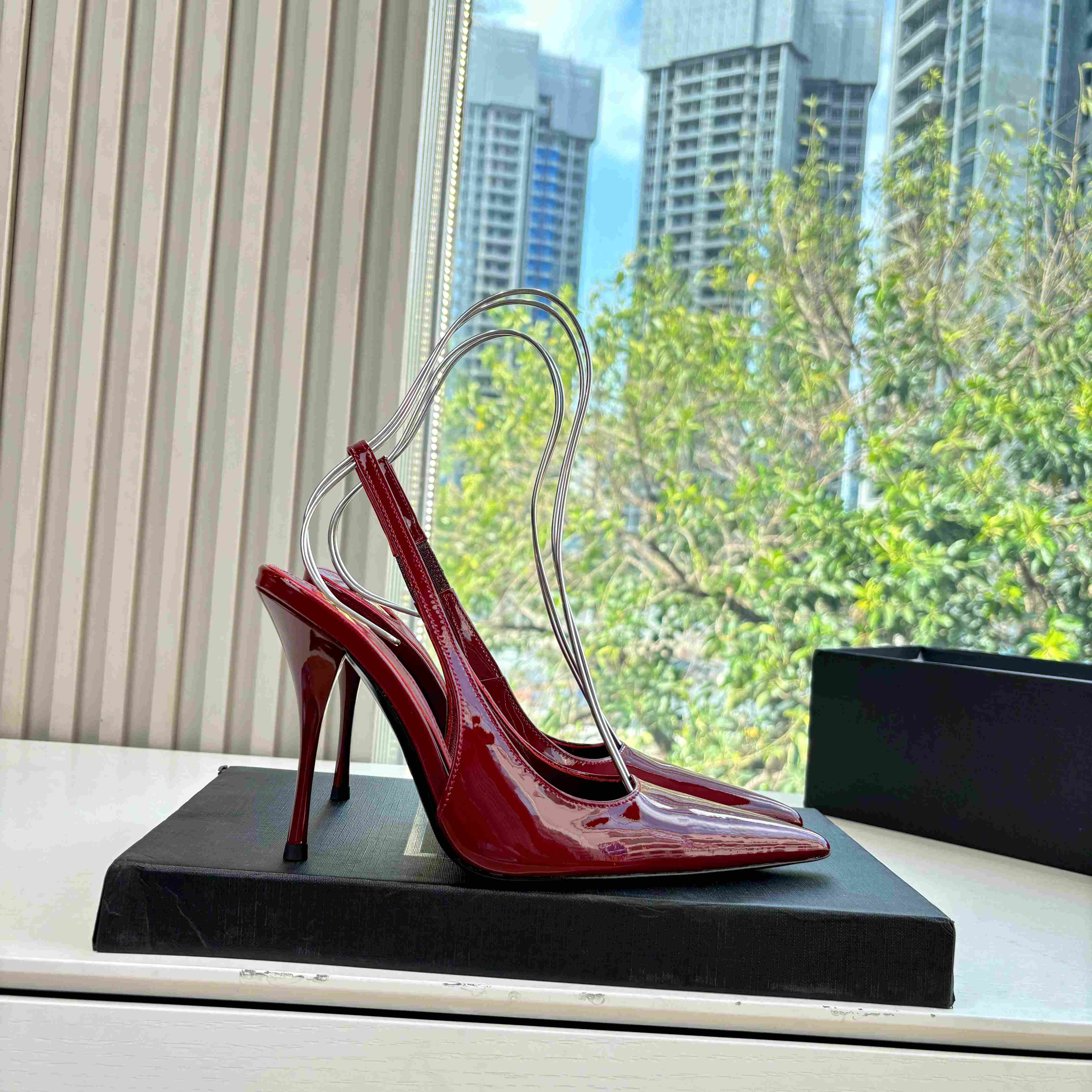 Saint Laurent GUERMANTES Slingback Pumps In Patent Leather - DopestKickz