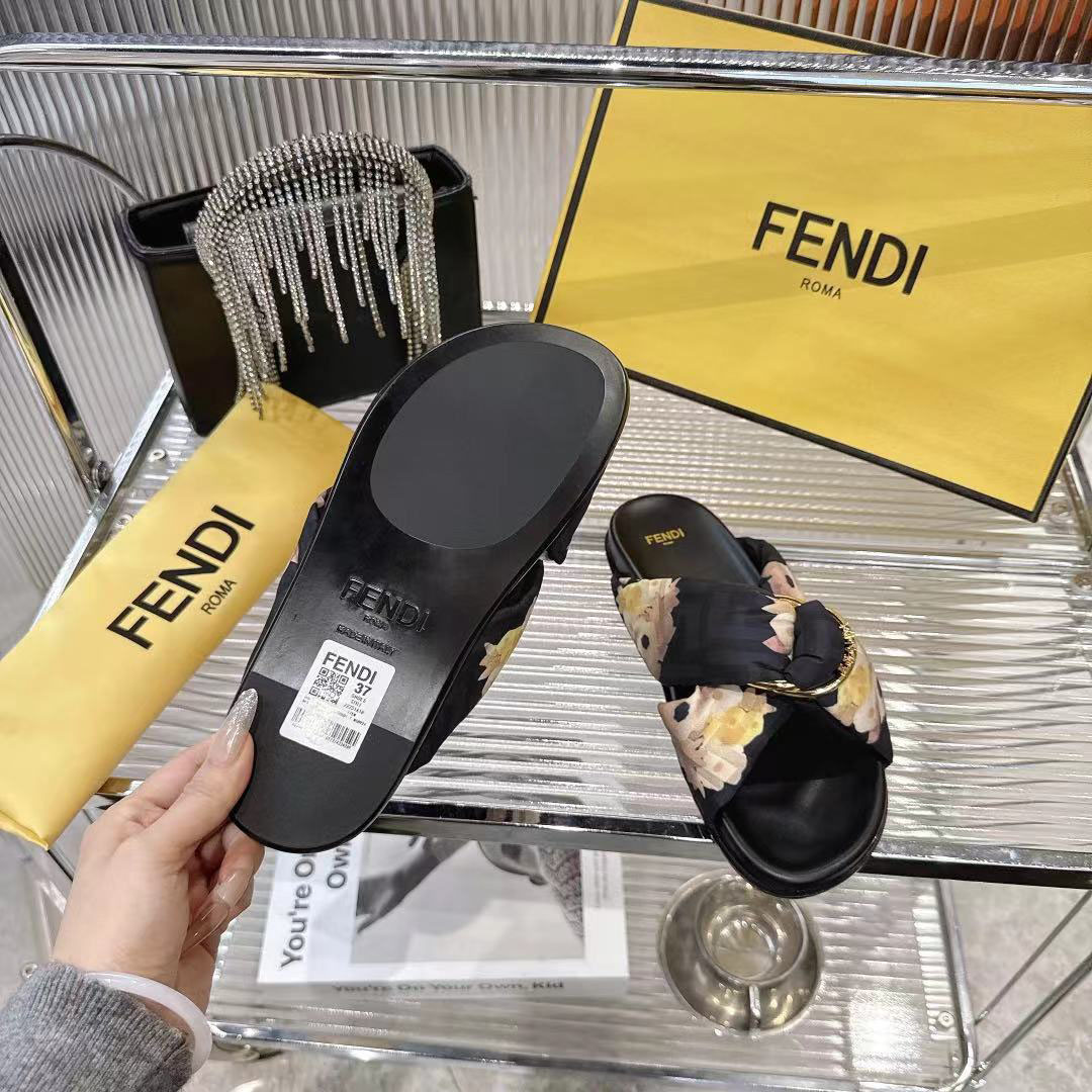 Fendi Black FF Jacquard Satin Slides - DopestKickz
